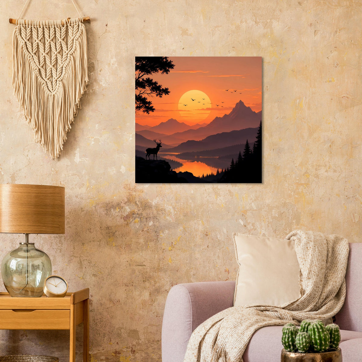 Kleines quadratisches, gerahmtes Poster mit Sonnenuntergang über Berge und Hirschsilhouette