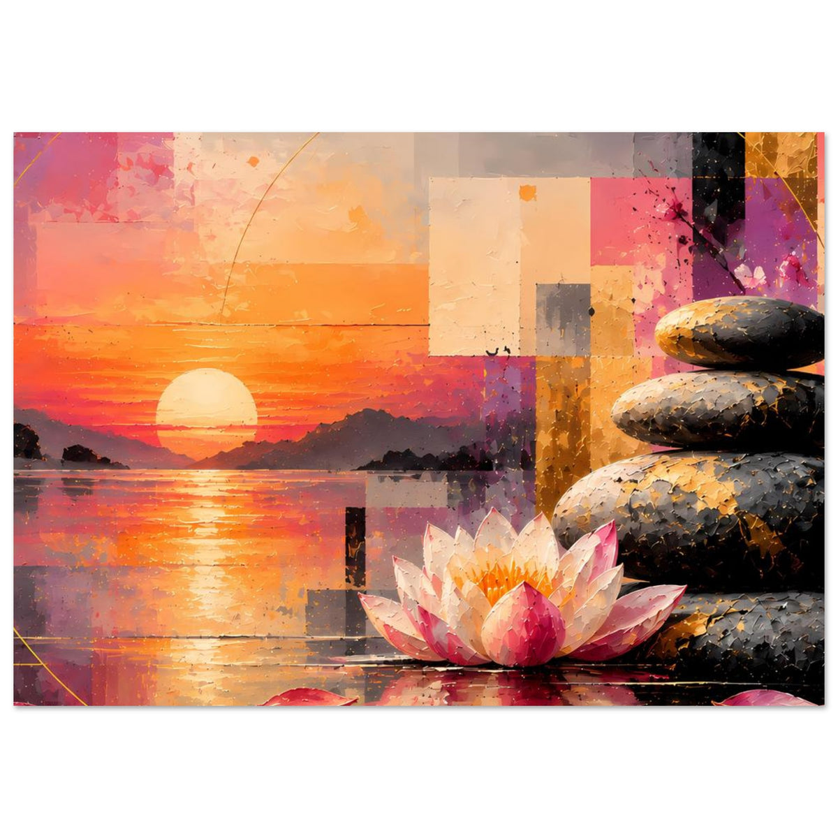 Zen-Poster im Querformat mit Lotusblüte, Steinstapel, Sonnenuntergang und Bogenlinie