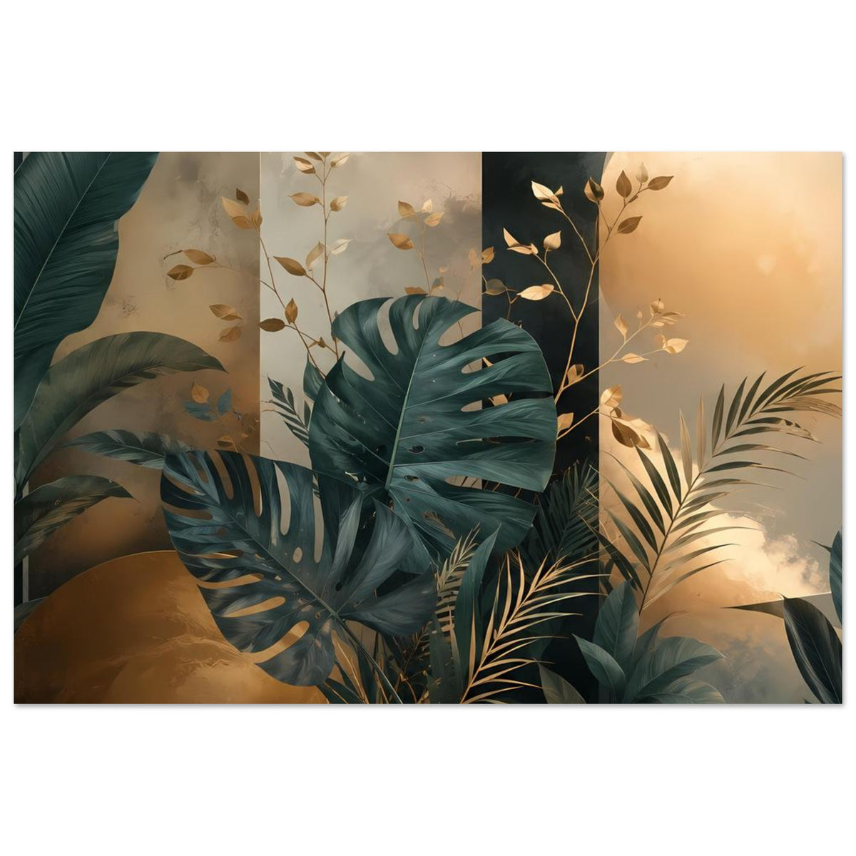 Poster mit großen Monstera-Blättern und Palmwedeln in Petrolgrün und goldfarbenen Akzenten