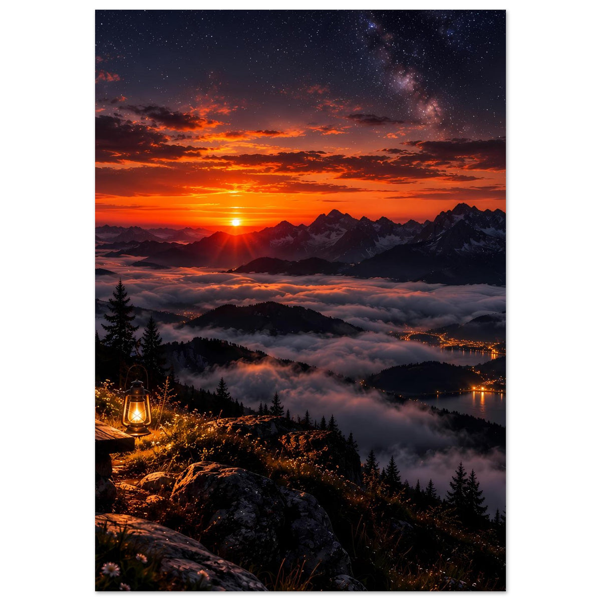 Landschaftsposter im Hochformat mit Sternenhimmel: Sonnenaufgang über Berge, See, Laterne links