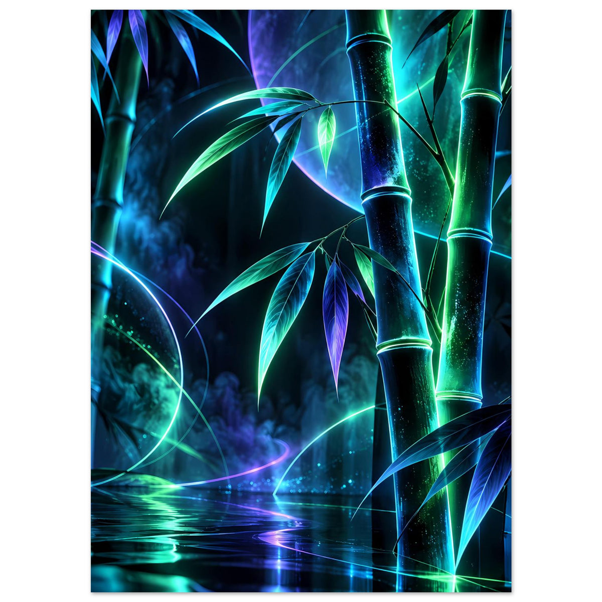 Leuchtendes Neon-Bambusposter, hochformatig: grün-blaue Bambusrohre mit violetten Lichtbögen.