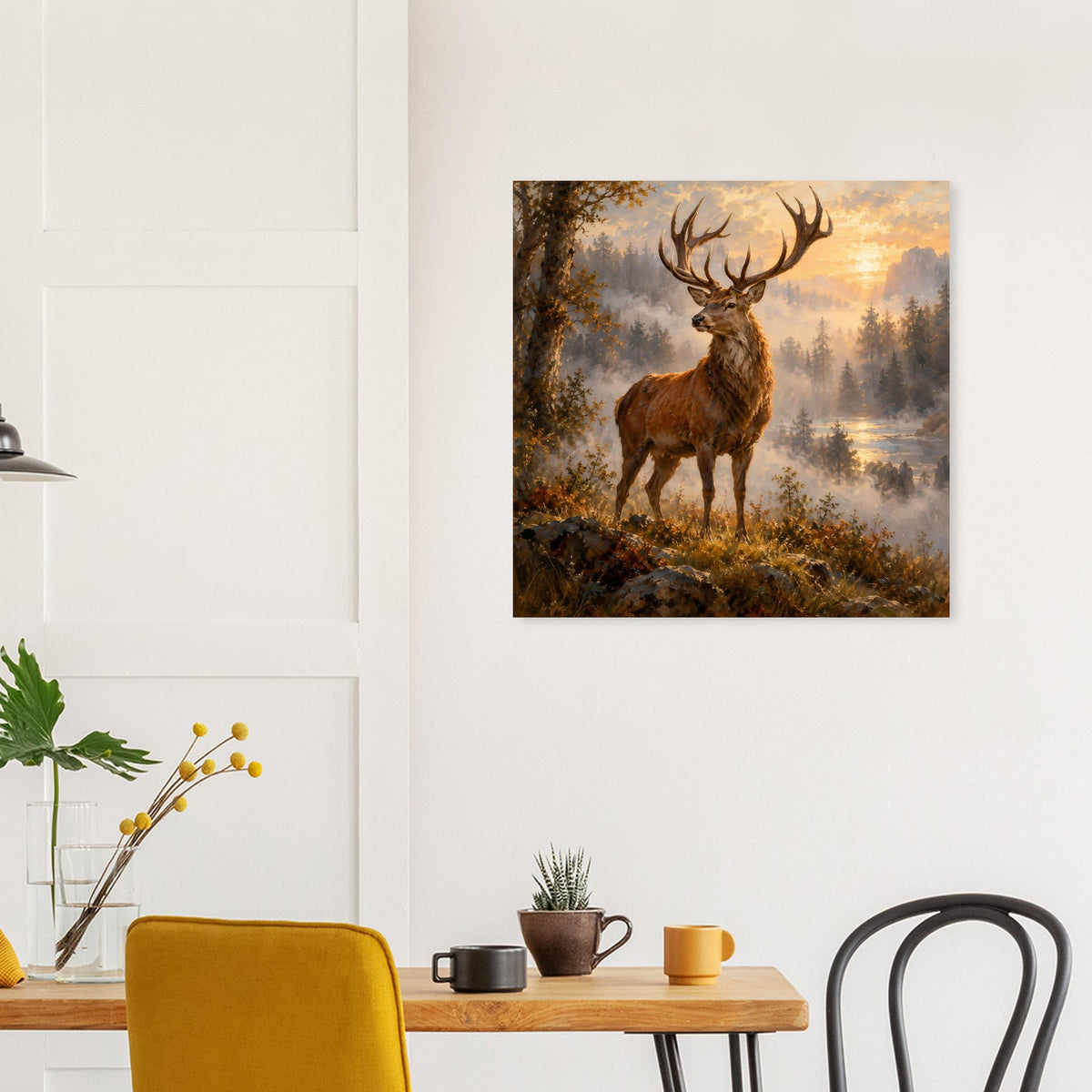 Sunrise-Poster mit majestätischem Hirsch auf mattem Premiumpapier