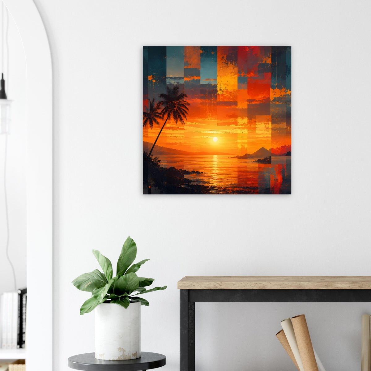 Quadratisches Kunstposter mit Meer bei Sonnenuntergang, dunkle Silhouetten und orange-roter Himmel