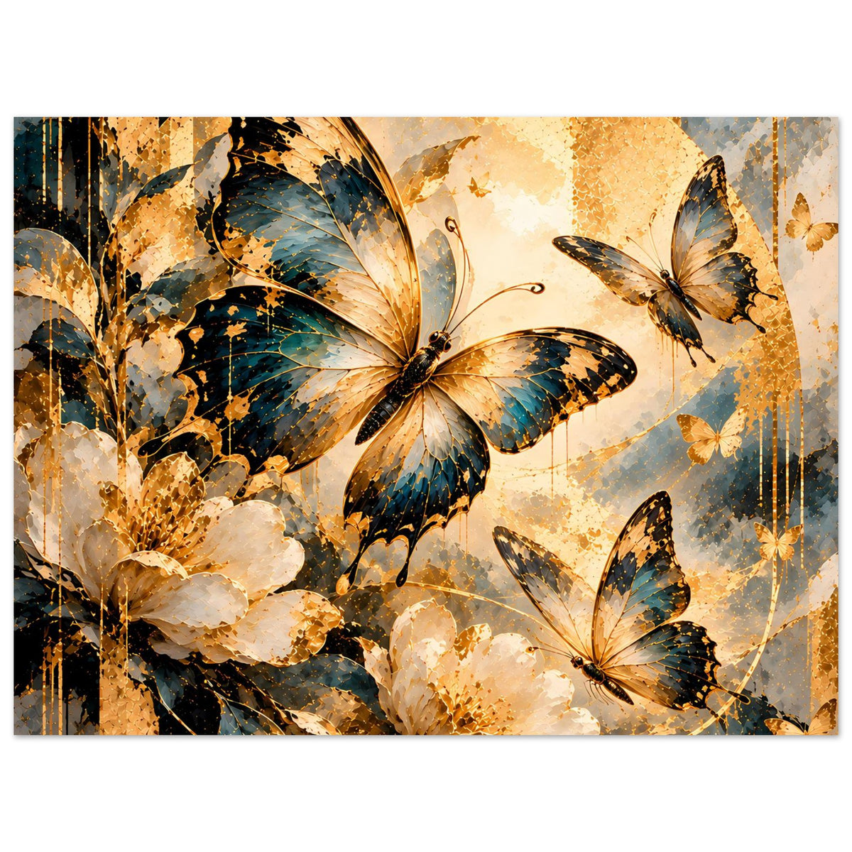 Schmetterlingsposter horizontal, Schmetterlinge mittig und unten, goldene Sprenkel im Design