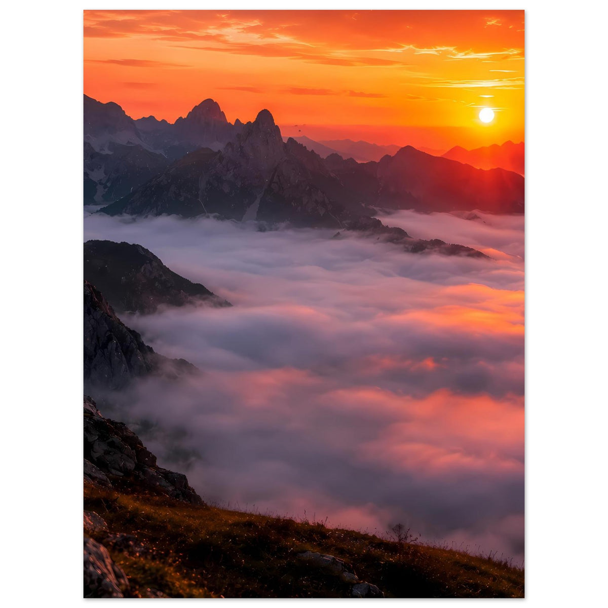 Poster im Hochformat mit Sonne am Horizont und Wolken über den Bergen
