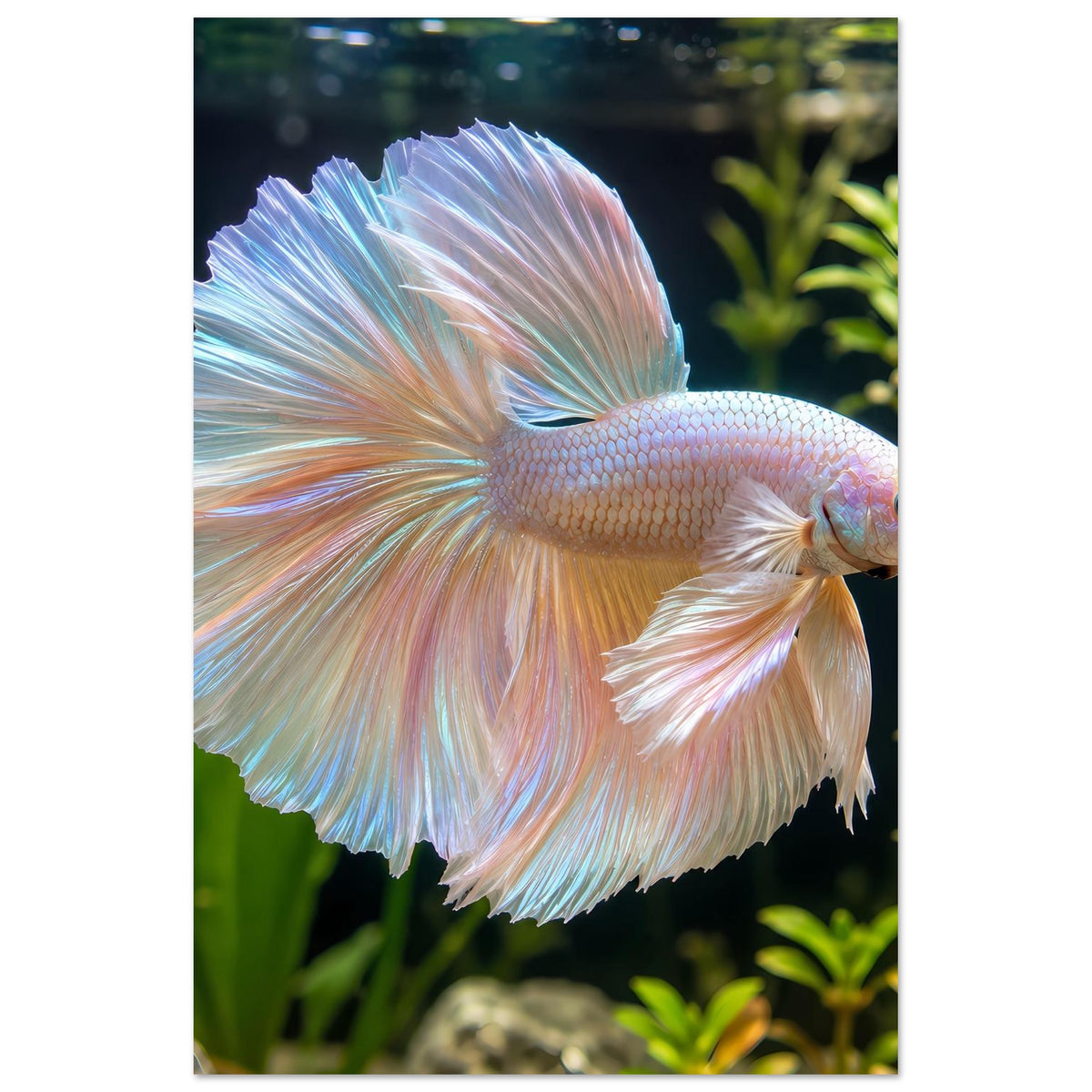 Vertikales Poster mit Betta-Fisch, nah: weißliche Flossen mit blauem Schimmer und rosa Highlights