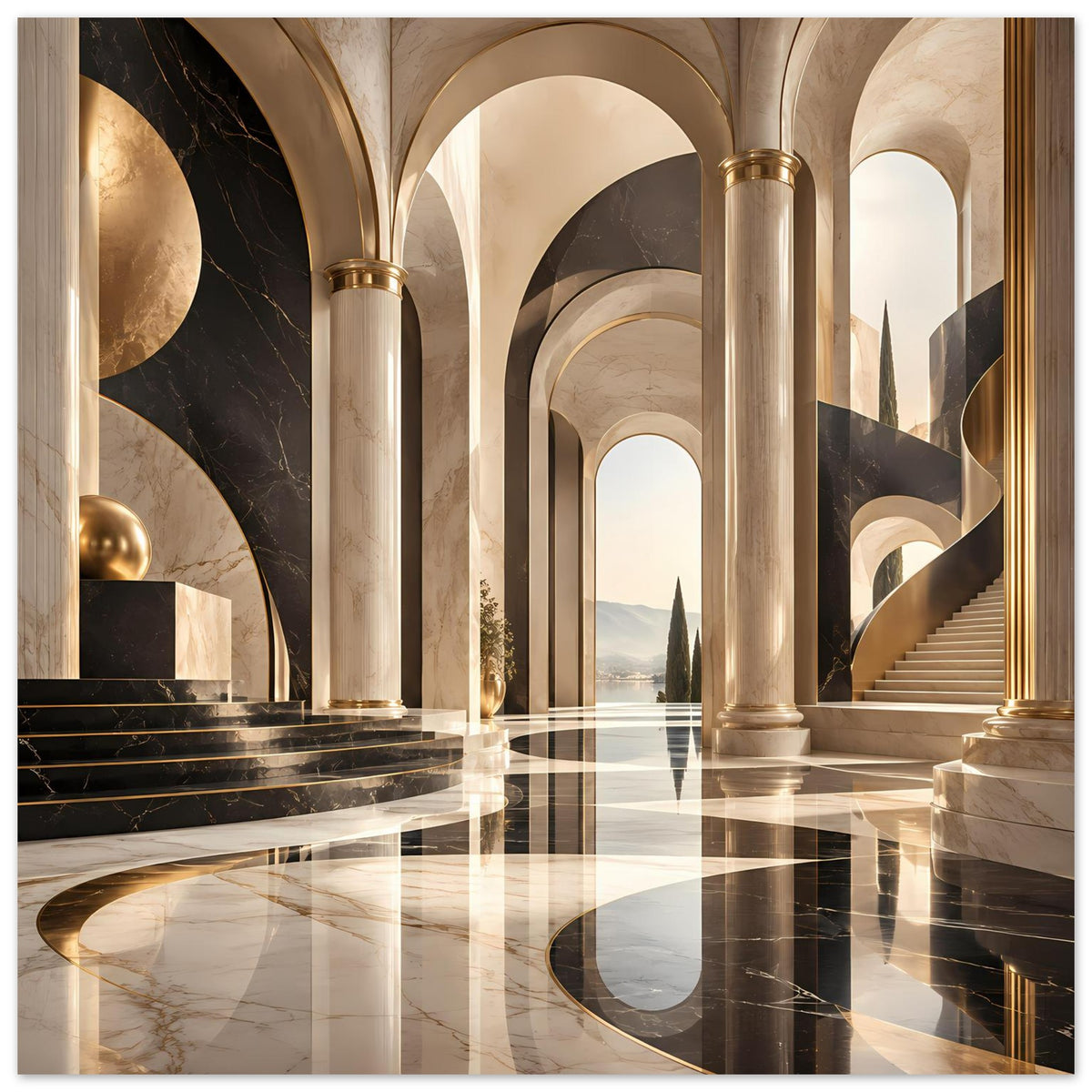 Architektur-Poster mit Schwarz-Gold-Marmoreffekt, Säulen, Bögen und spiegelnder Bodenoptik