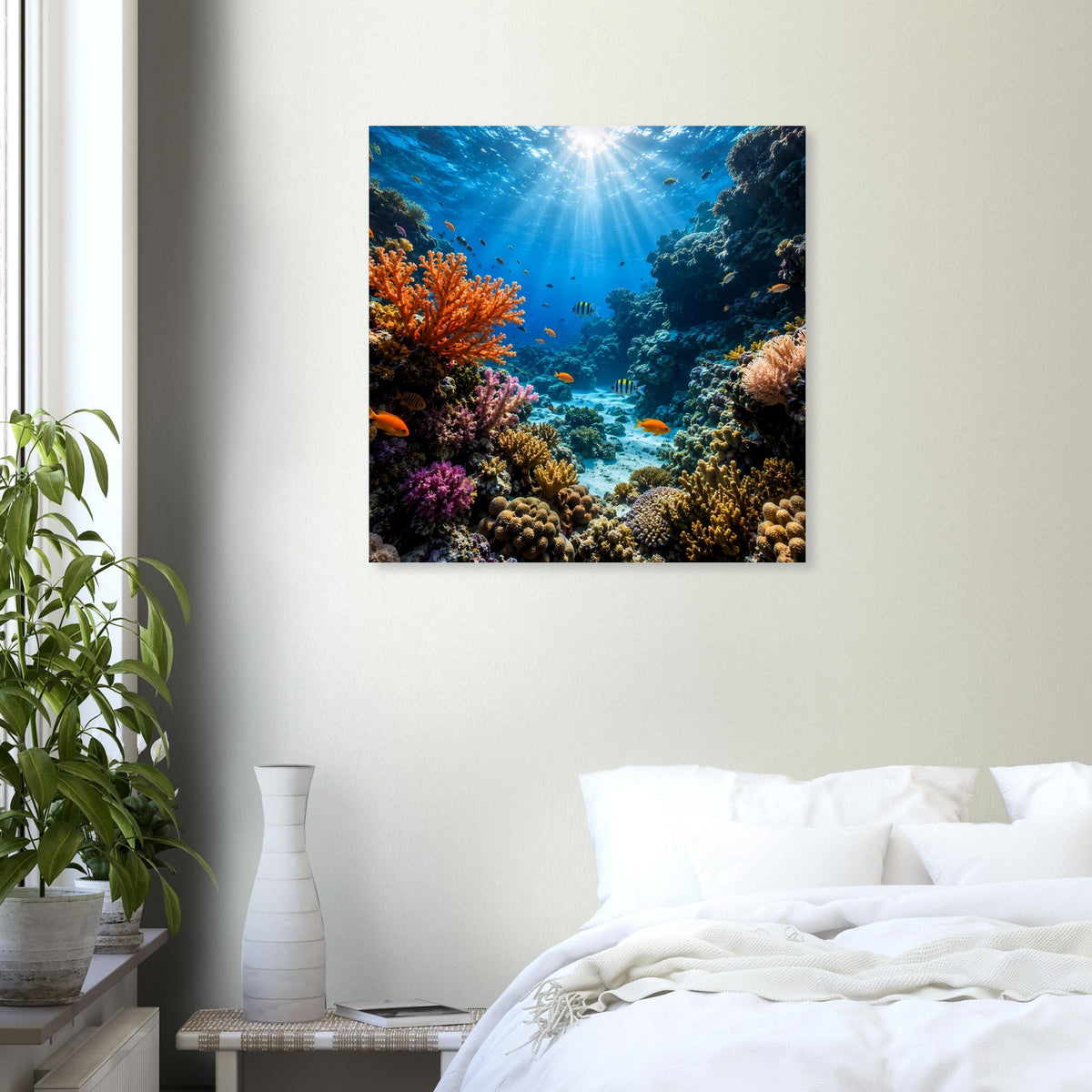 Unterwasser-Korallenriff-Poster, blaues Wasser mit farbigen Riffen und Lichtkegel
