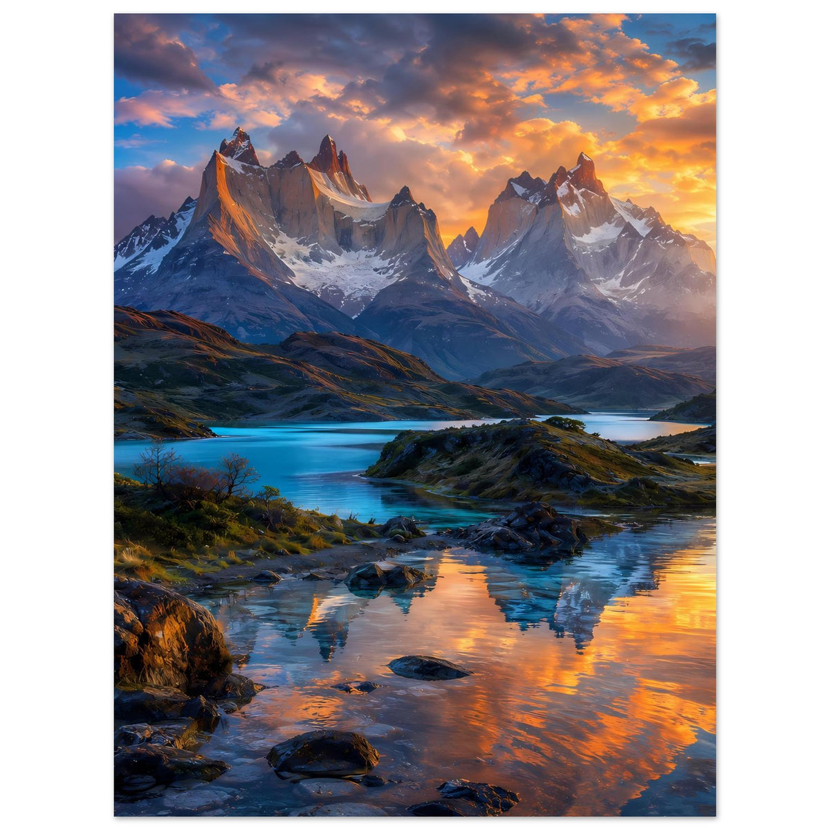Landschaftsposter, vertikal: schroffe Berge, See und orangefarbene Abendstimmung