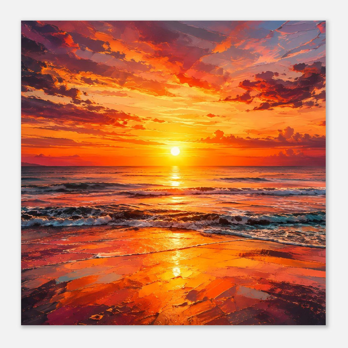 Quadratisches Poster mit untergehender Sonne, goldenem Strand und Wellen