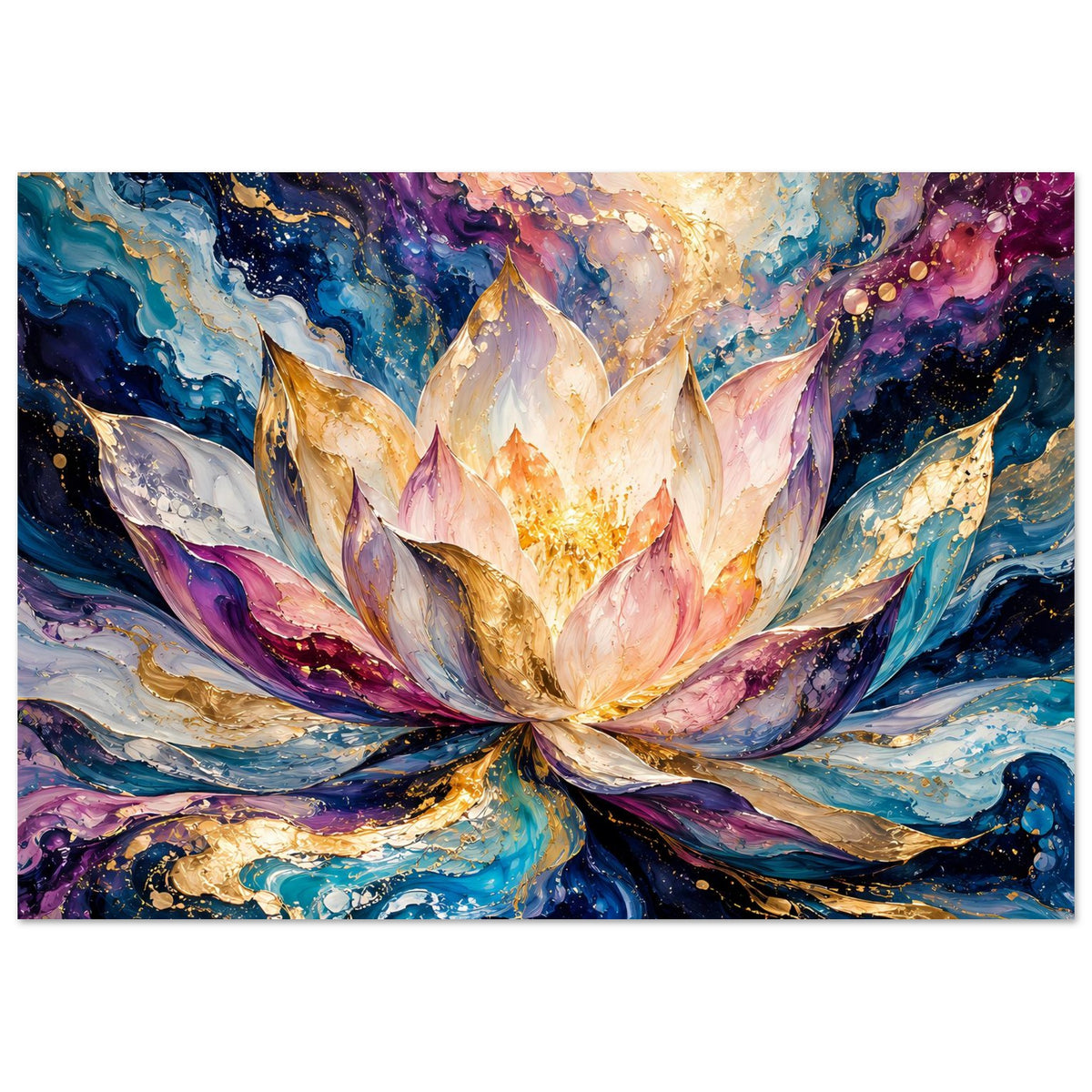 Blumenposter im Querformat mit Lotusblüte, goldenen Akzenten und farbigen Wirbeln