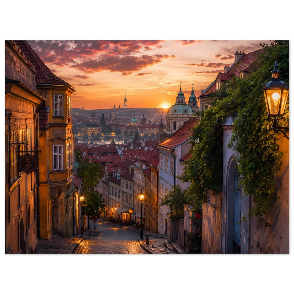 Querformat-Poster mit Abendblick auf eine Kopfsteinpflastergasse, Laternen, Türme