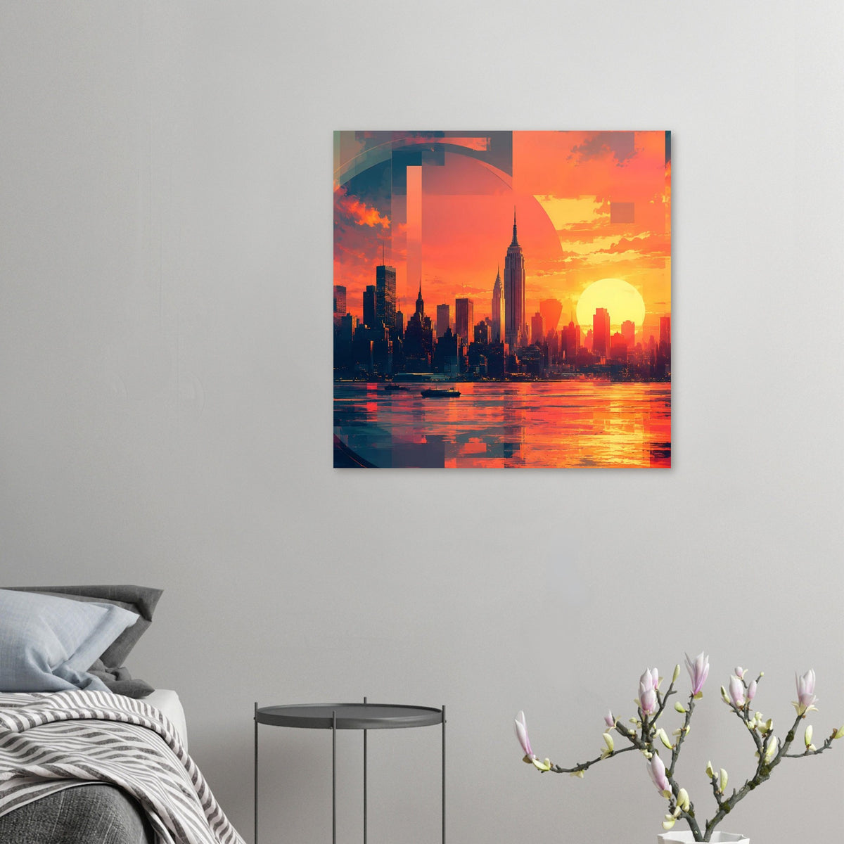 Kleines Sonnenuntergangswandposter mit Skyline, Fluss und geometrischen Formen