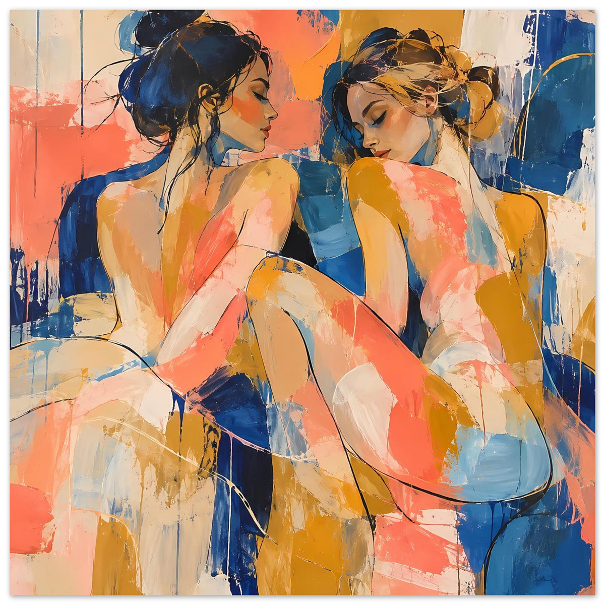 Abstraktes Kunstposter mit zwei Frauenfiguren in Blau- und Korallfarbpalette, Querformat