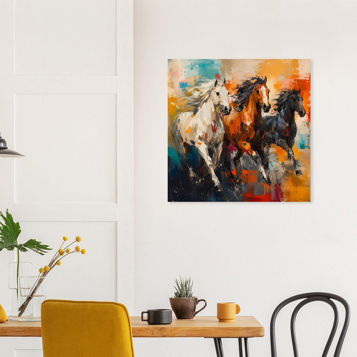 Quadratisches Poster mit drei galoppierenden Pferden, abstrakt mit starken Farbkanten
