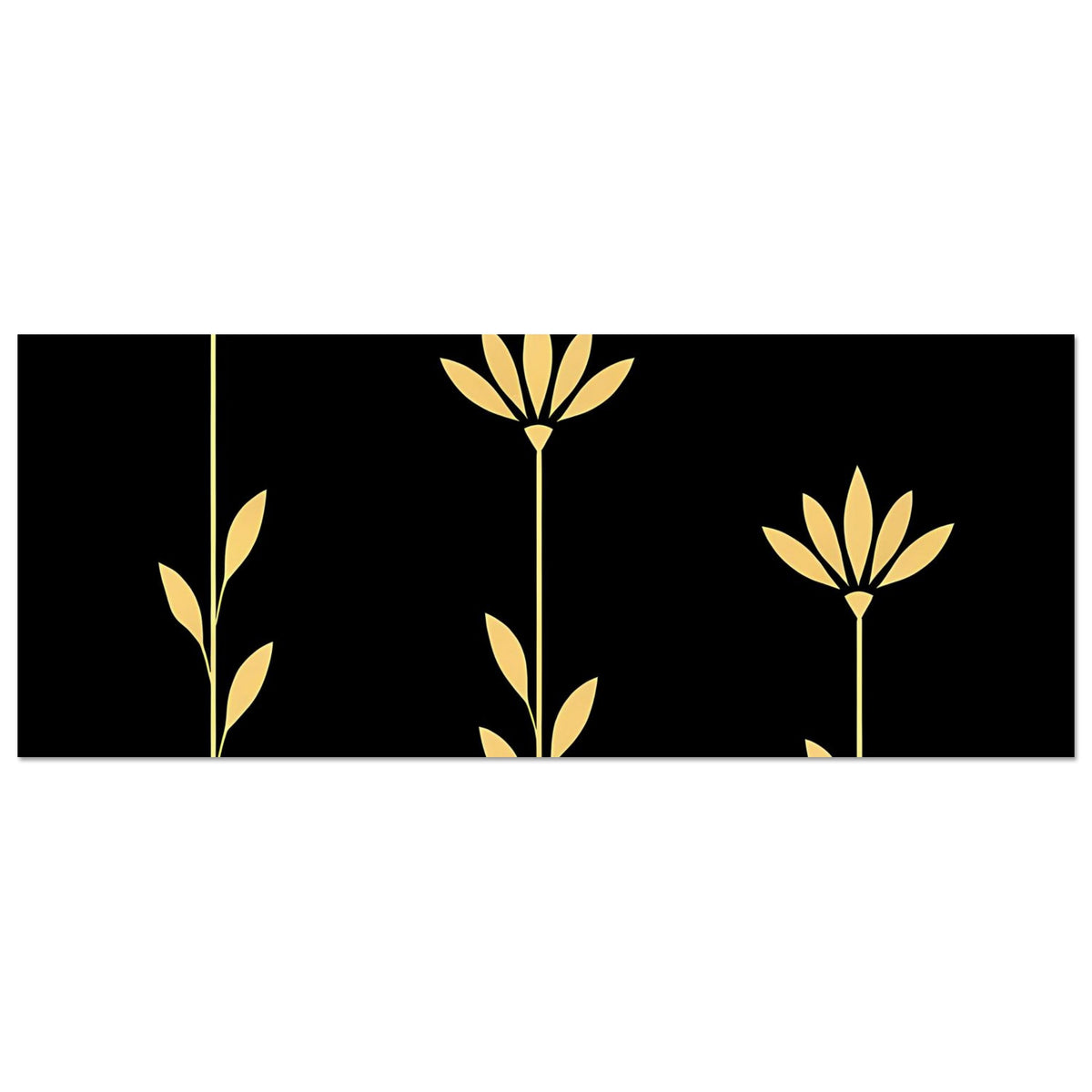 Botanisches Gold-Blumenposter, horizontales Format: drei Stiele mit Blüten auf Schwarz
