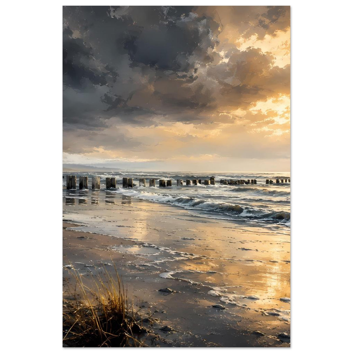 Poster im Hochformat mit reflektierendem Sandstrand, Brandungswellen und Wolkenhimmel