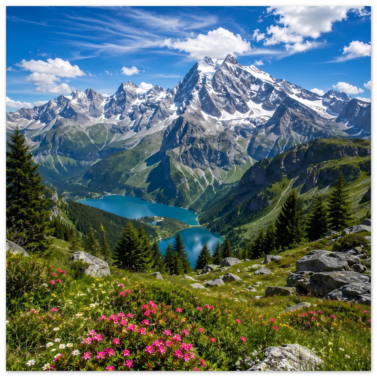 Alpenlandschaft Poster: schneebedeckte Gipfel über grünem Tal mit See, Fichten und rosa Wildblumen.