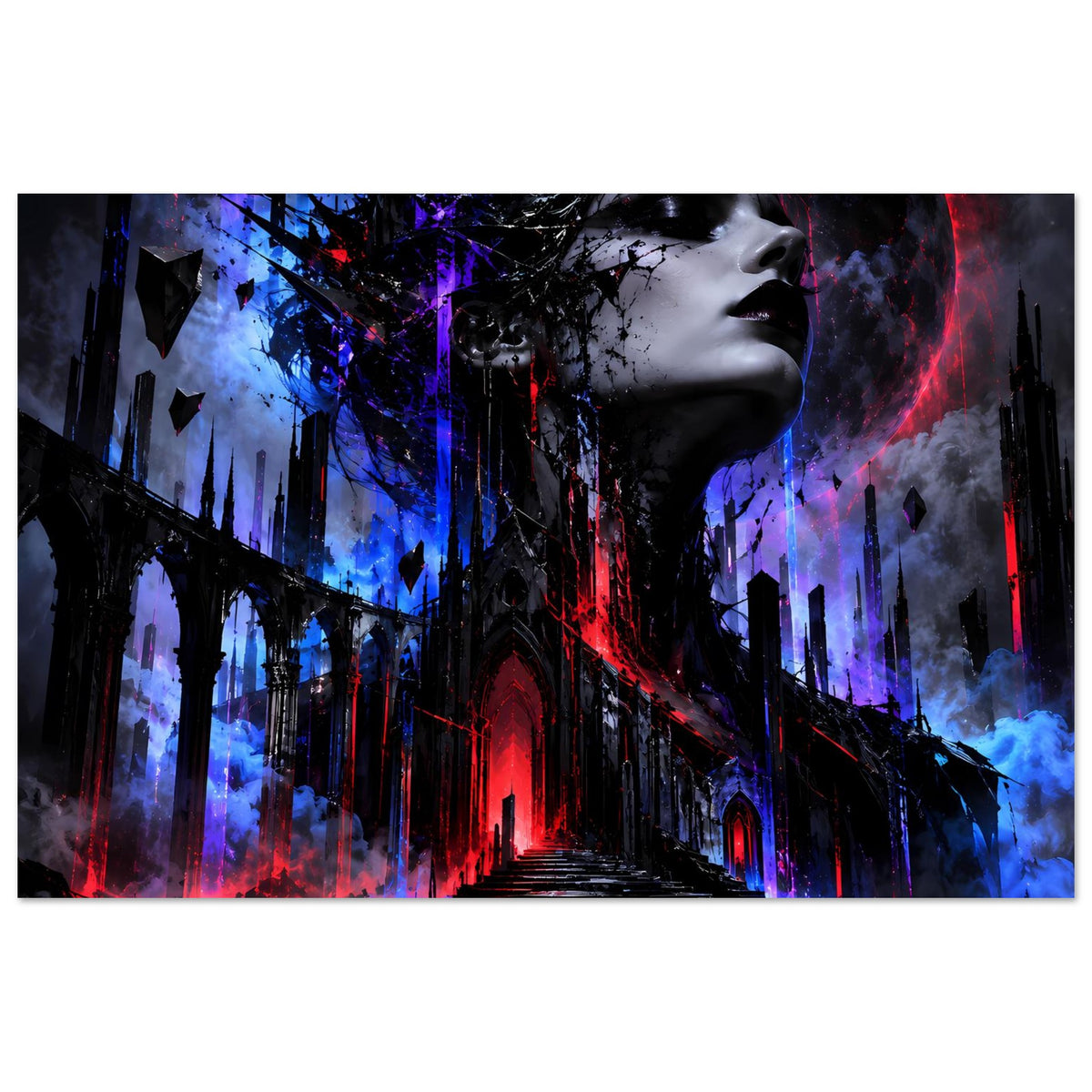 Gothic-Poster: Frauenprofil, schwarze Burg und Neonrot-/Blau-Licht, zentraler Gang