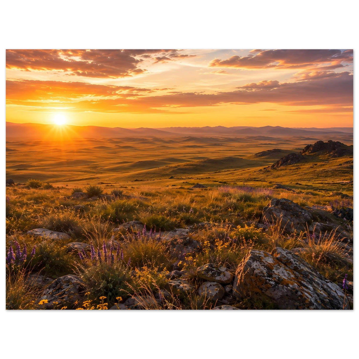 Sonnenuntergangs-Landschaftsposter, quer: goldenes Licht, Hügelkette und Büschelgras
