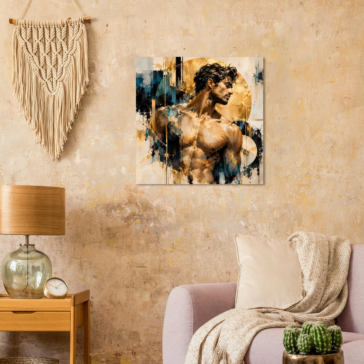 Kunstposter mit Aktmotiv: seitliches Porträt eines nackten Mannes in Blau und Gold