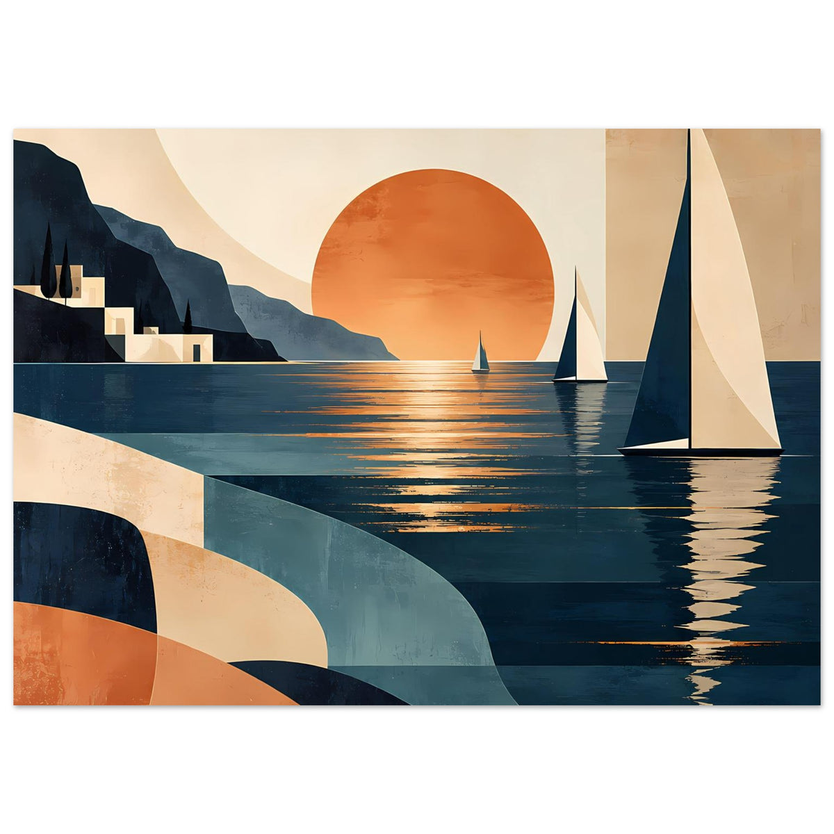 Landschaftsposter mit Segelbooten und Abendsonne über ruhigem Meer, Blau-Orange, Querformat