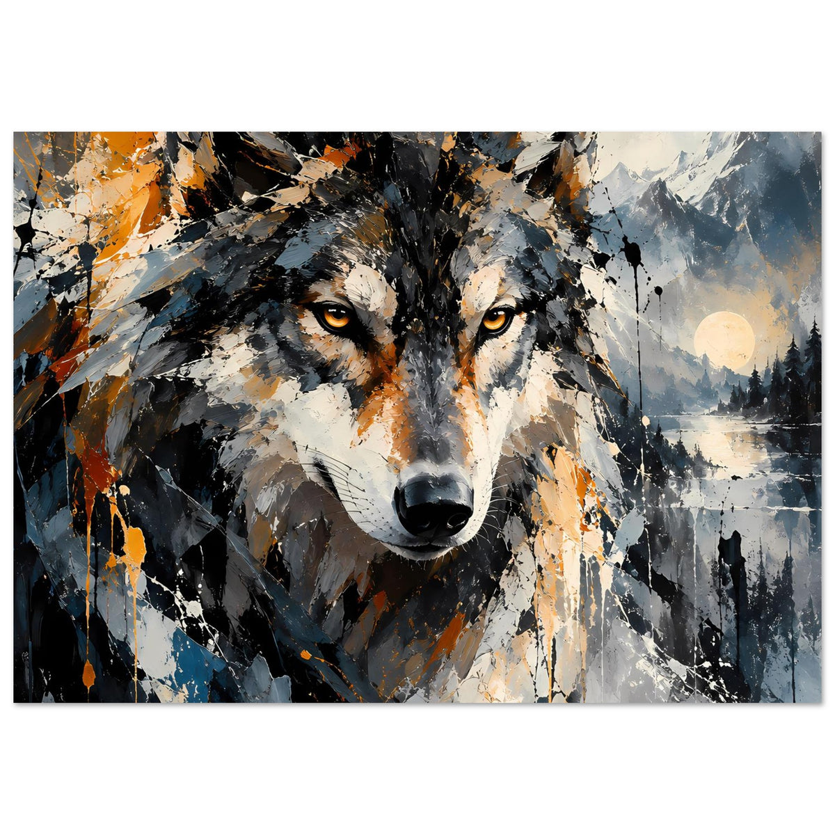 Abstraktes Wolf-Poster mit Kopf, Mond und Bergelementen, Blau-Grau, Schwarz und Orange
