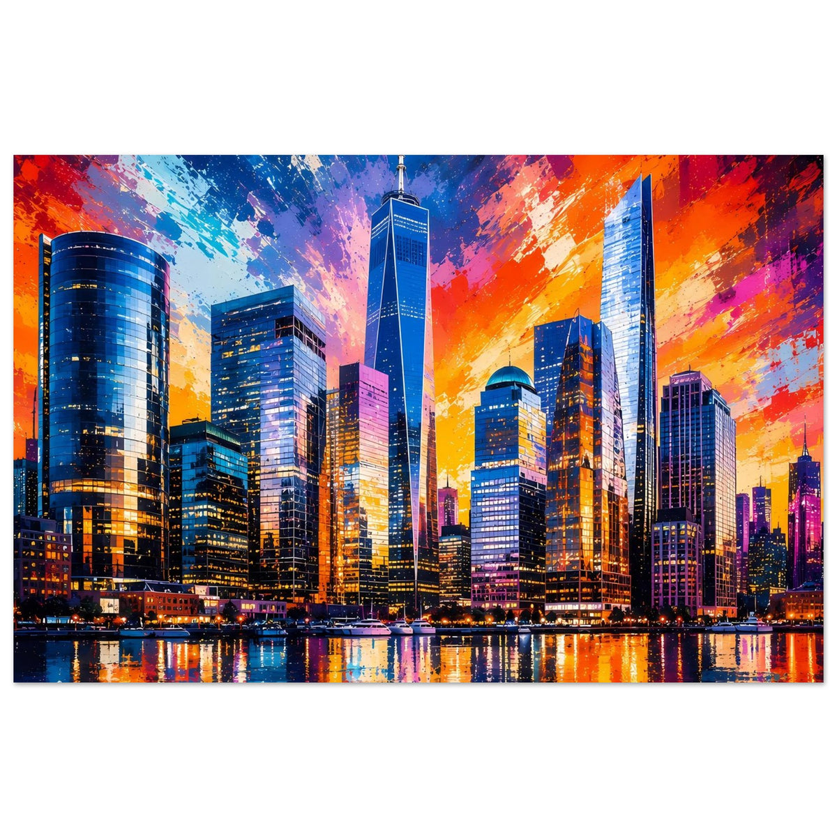 Horizontales Poster mit Skyline in kräftigen Farben und spiegelnder Wasserfläche