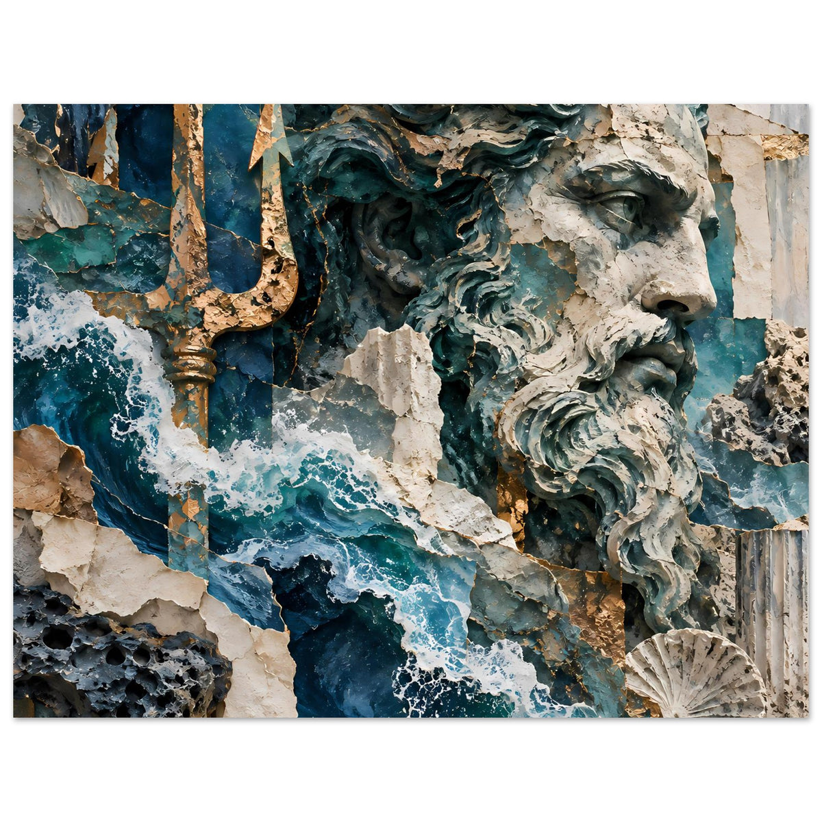 Mythologie-Poster mit antikem Meeresgott Neptun, Meereswellen und Gischt, Muschel rechts