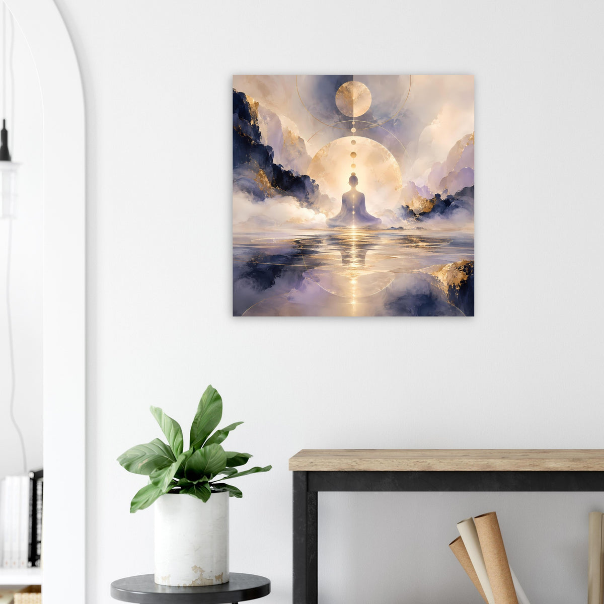 Quadratisches Poster mit Meditationsfigur, goldenen Ringen und Himmel über ruhigem Gewässer