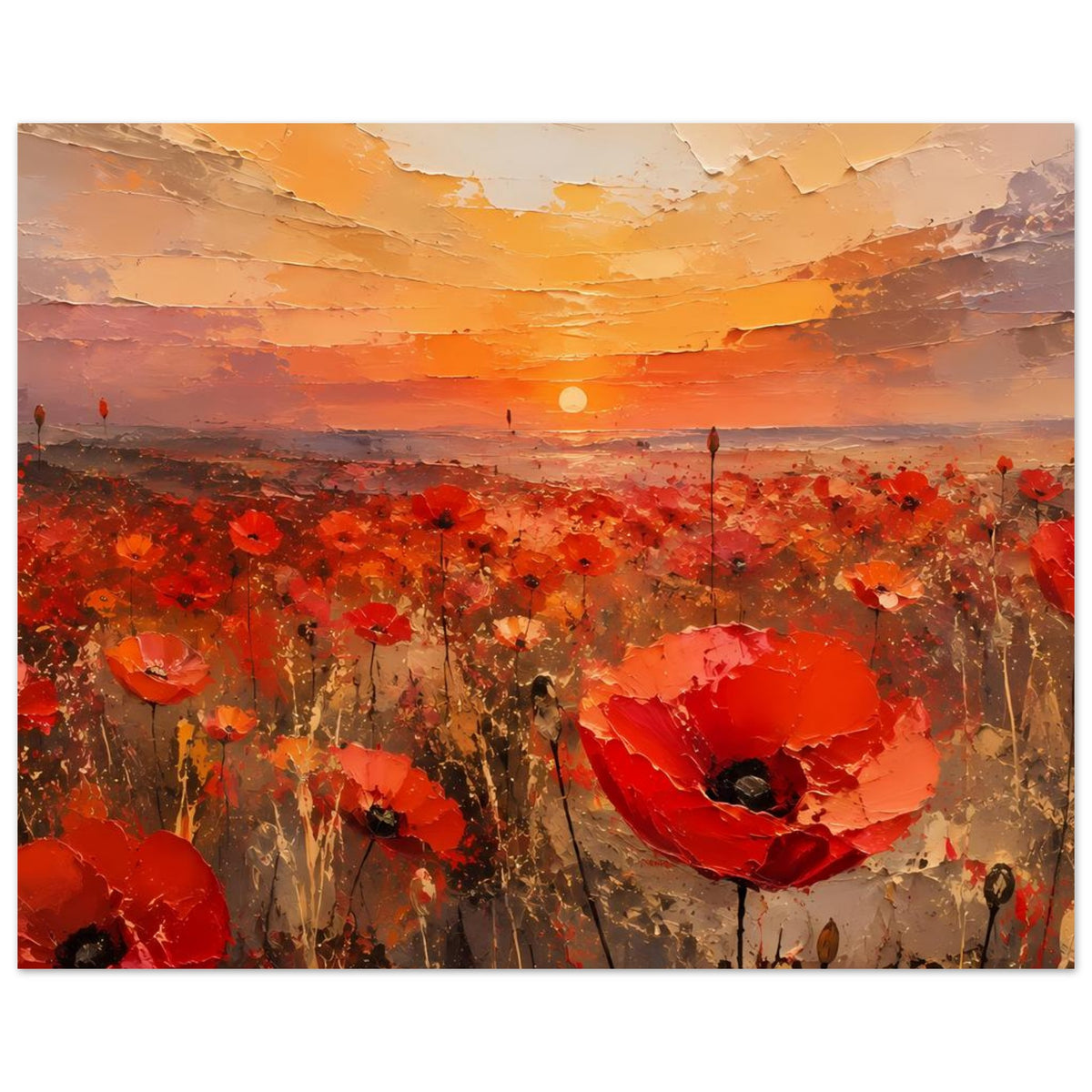 Poster im Querformat mit rotem Mohnblumenmeer und orangegelbem Abendhimmel