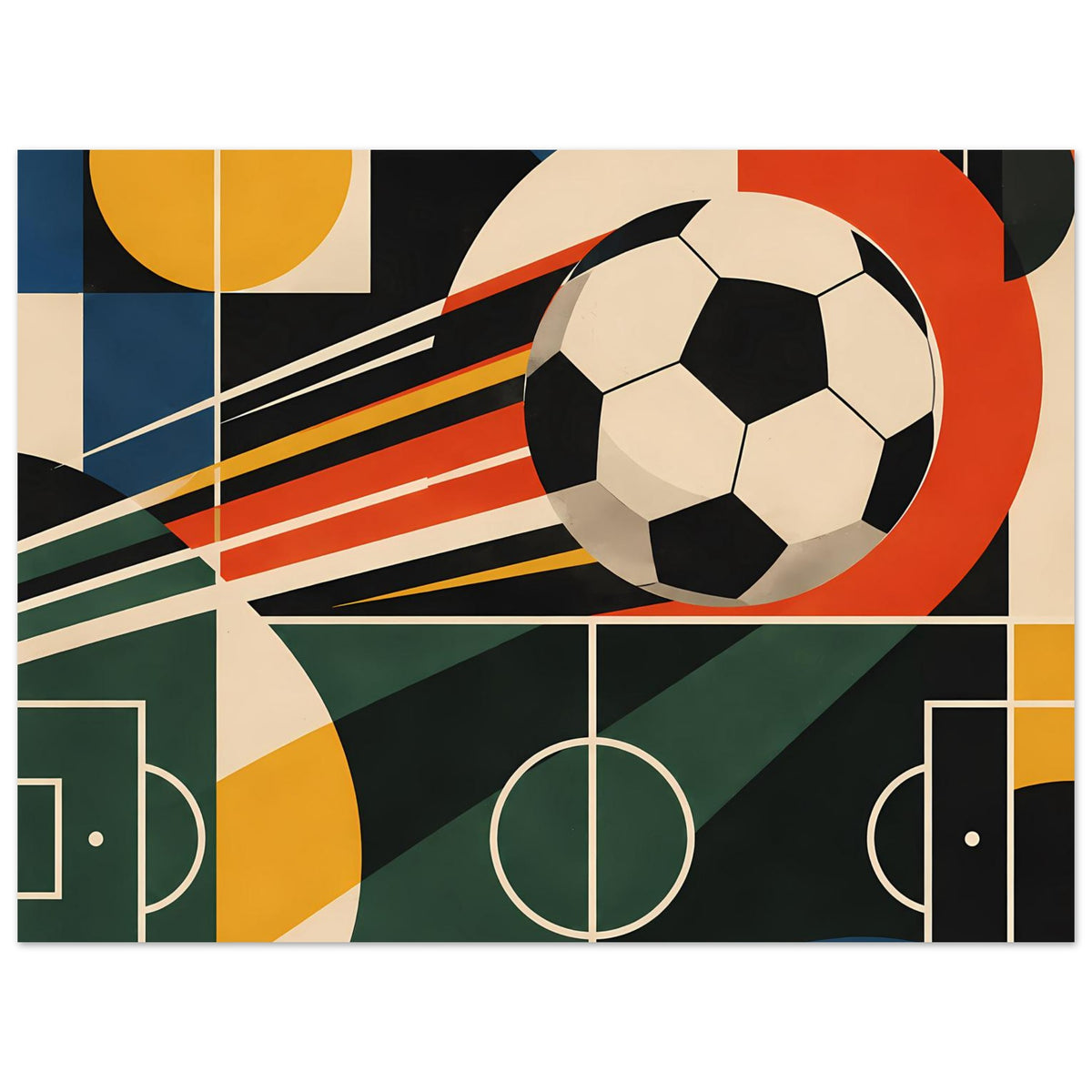 Geometrisches Fußballkunstposter mit Fußball und diagonalen Streifen im bunten Design