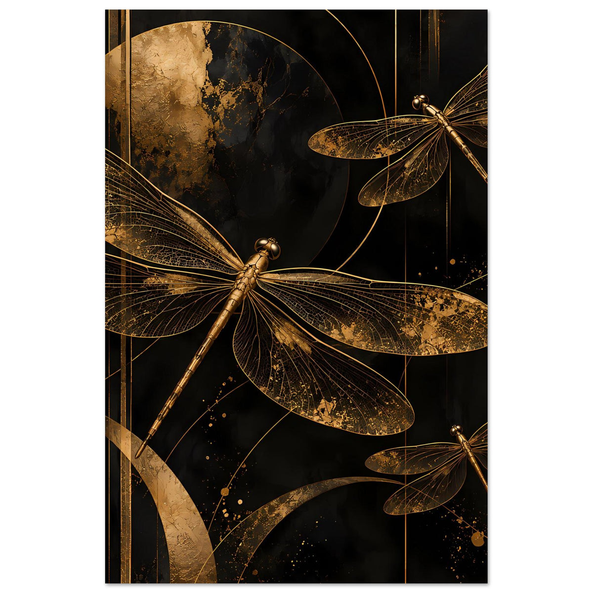 Wandposter mit goldenen Libellen, dunkles Design mit goldenen Akzenten, im Rahmen