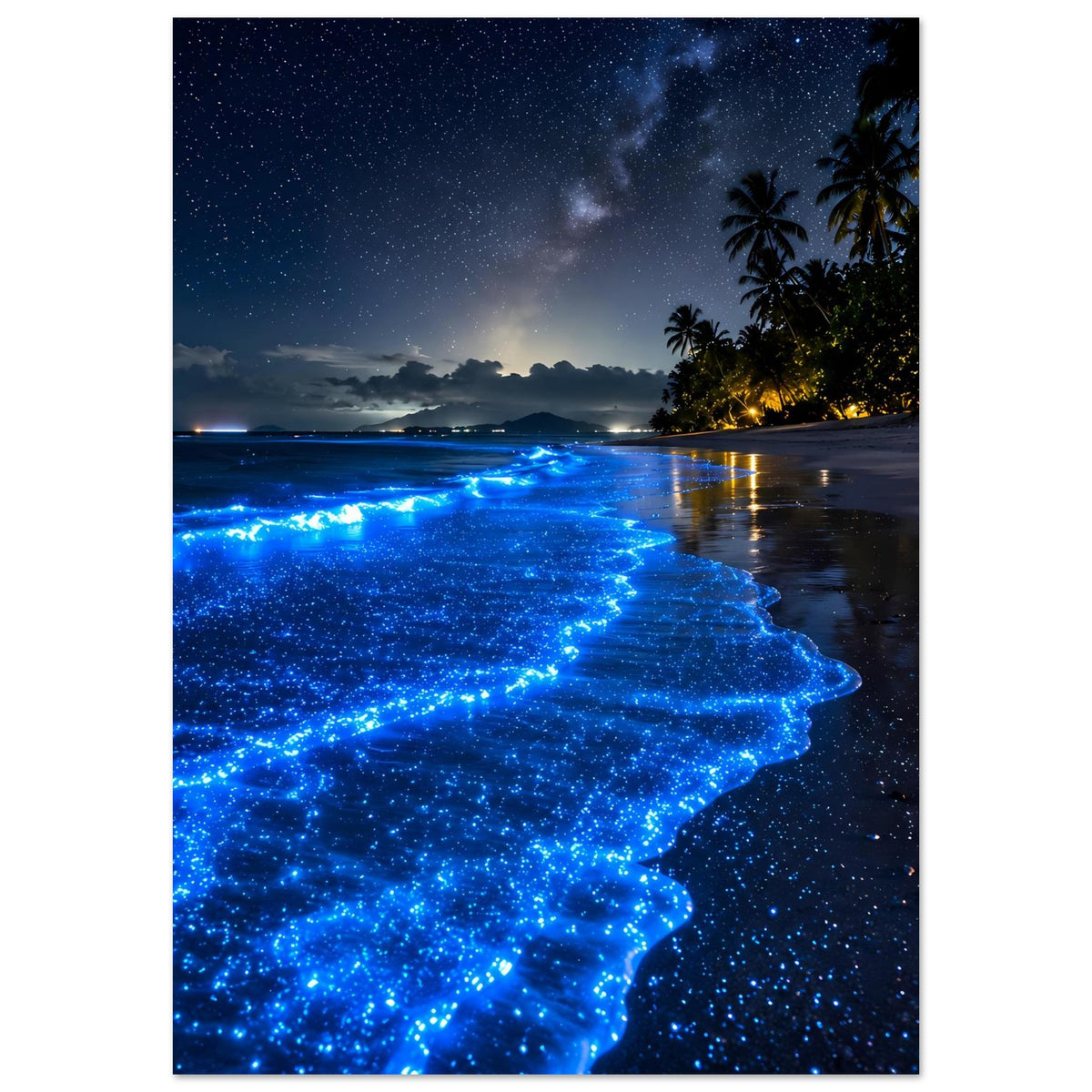 Poster: Blaue leuchtende Wellenlinie am Strand, dunkler Sternenhimmel, Palmen am Ufer