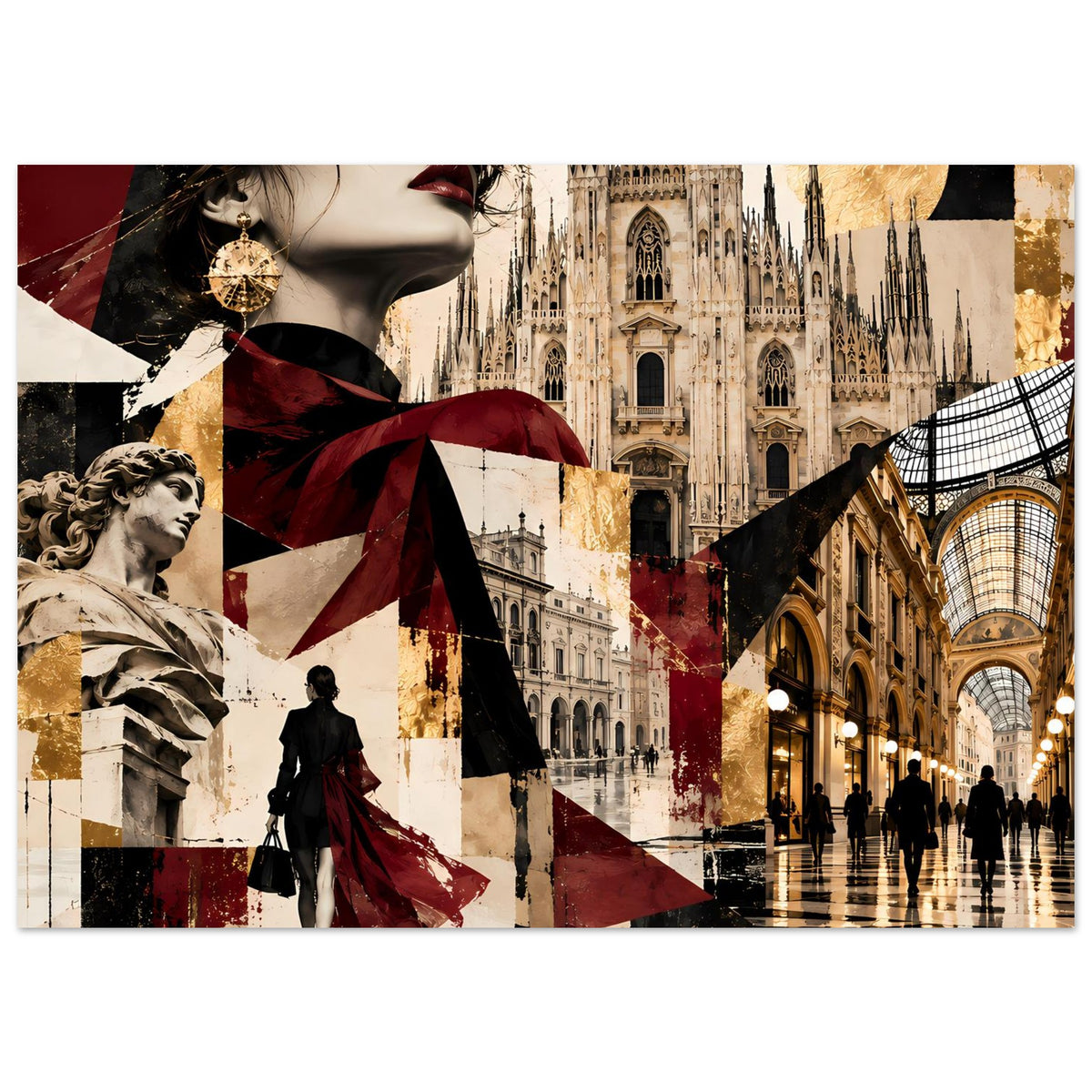 Milano-Kollage-Poster Querformat mit weiblicher Silhouette, Burgund/Gold und Mailänder Dom