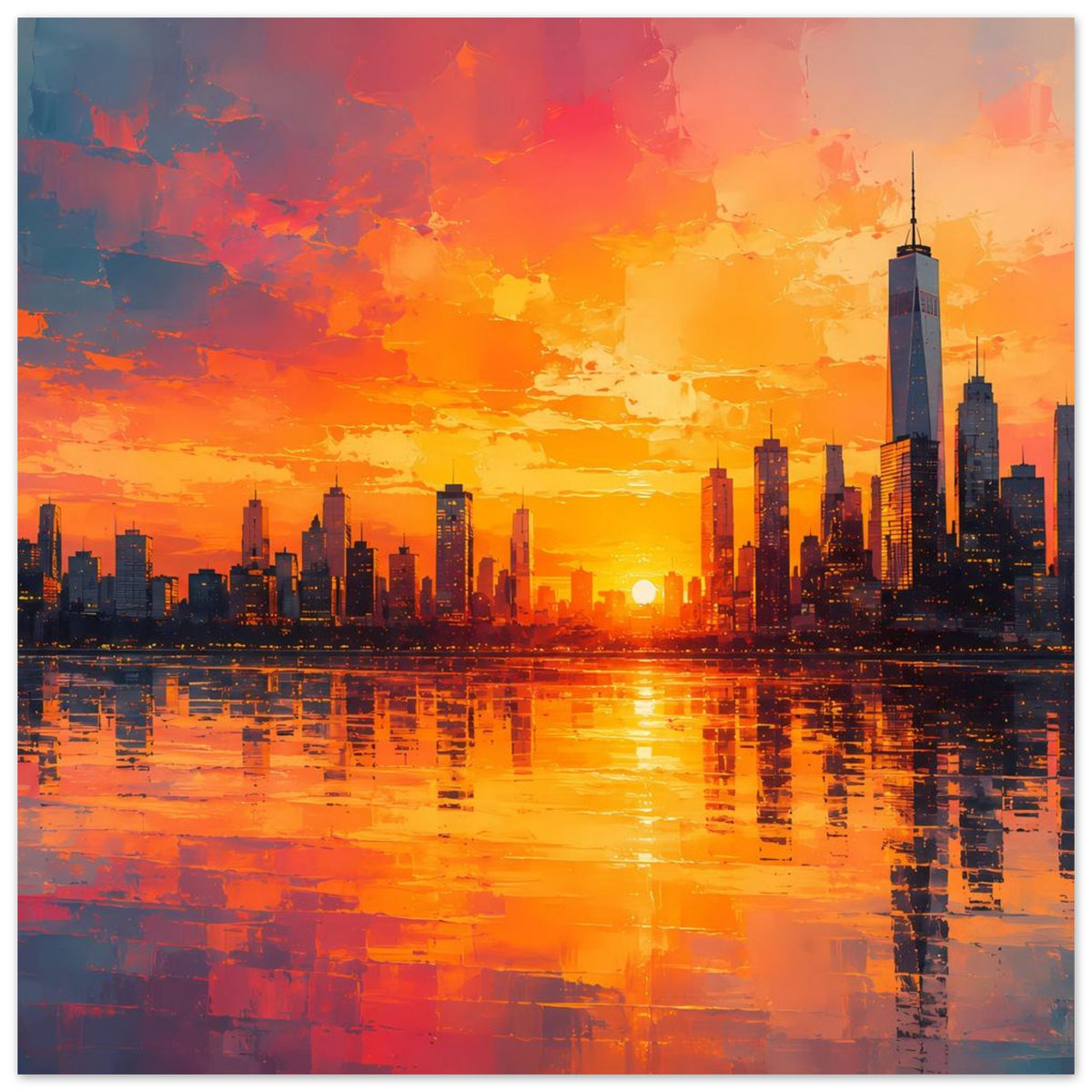 Rechteckiges Poster: Hochhäuser im Sonnenuntergang mit spiegelnder Wasserfläche