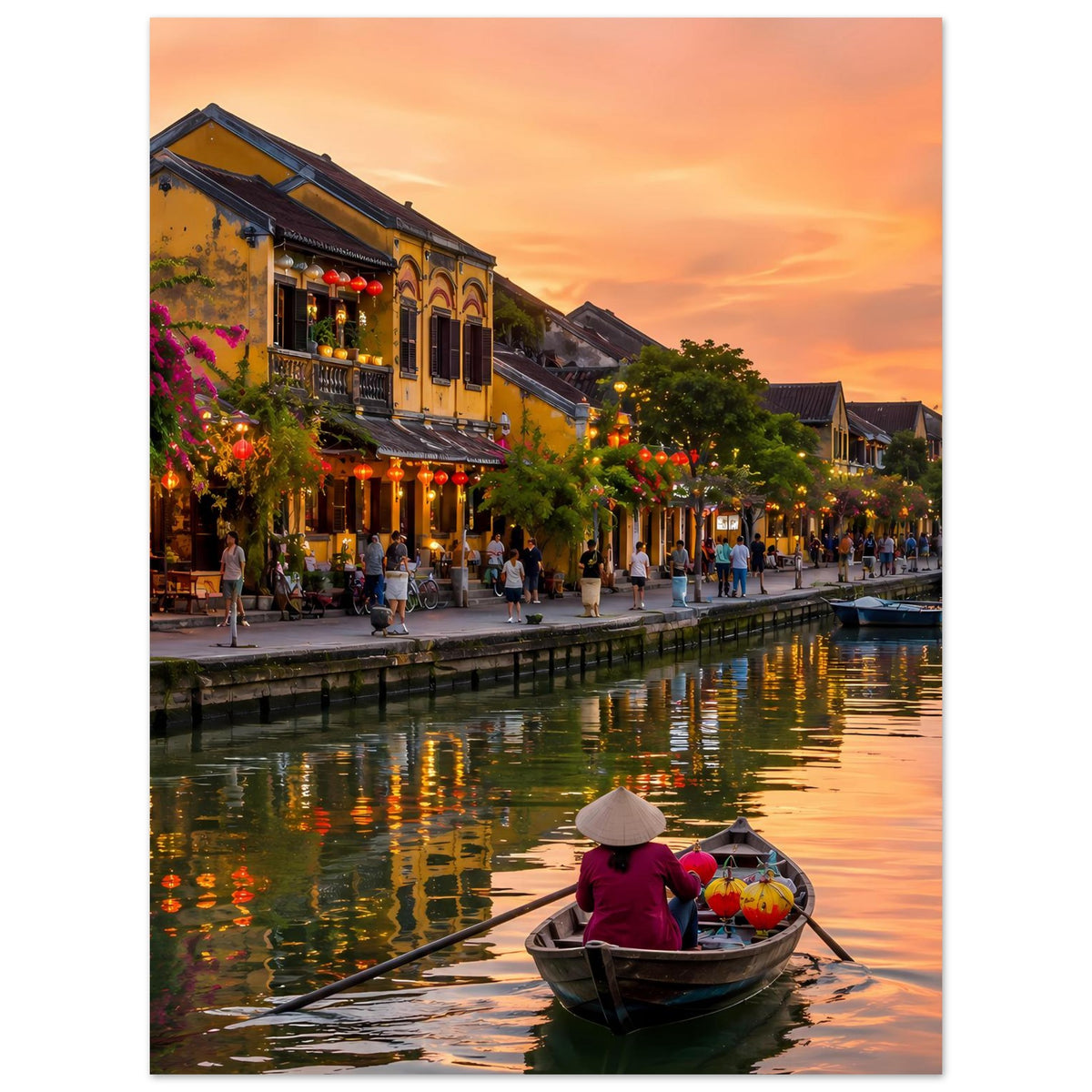 Poster mit Flusslandschaft bei Sonnenuntergang, Boot mit Kind und farbigen Laternen in der Abendsonne