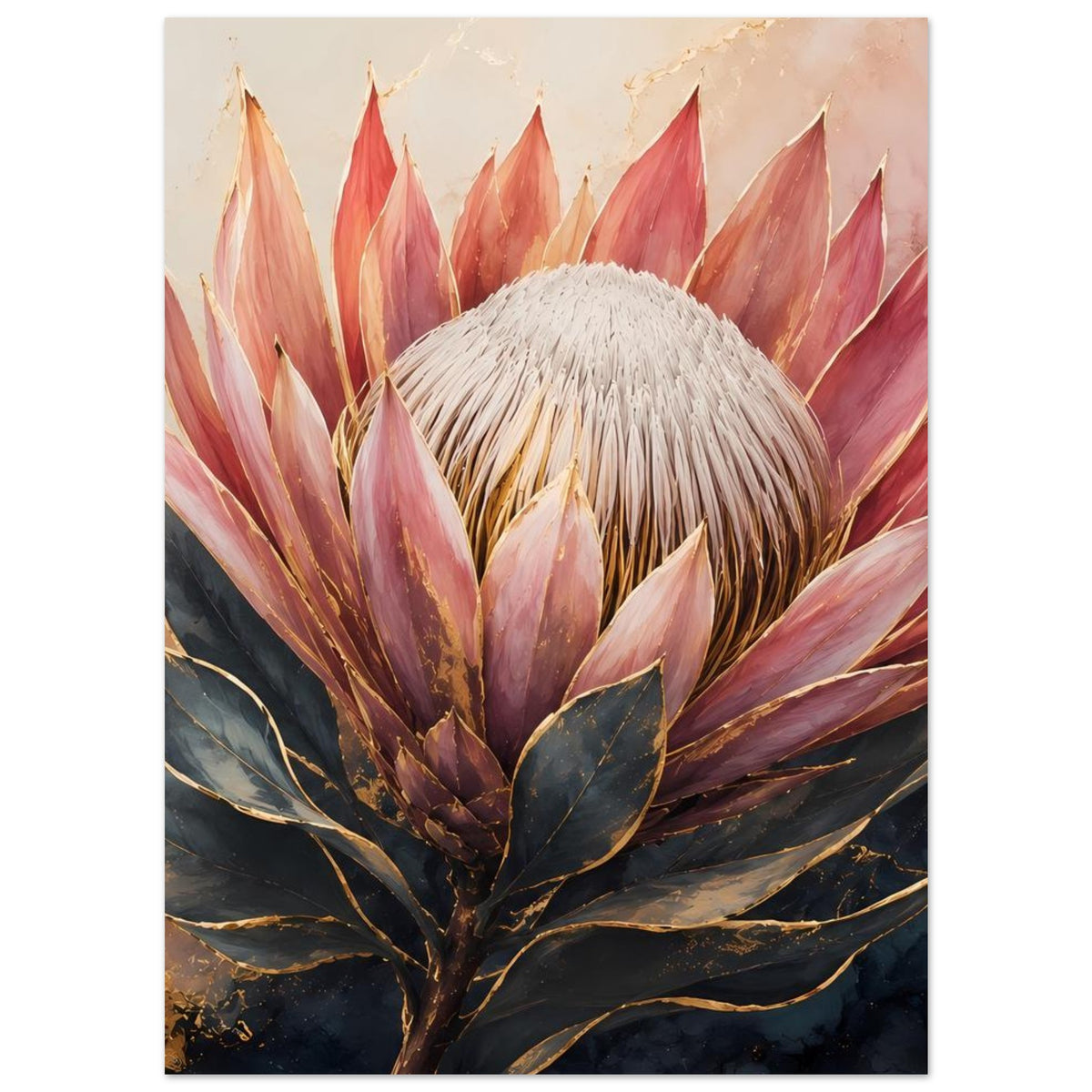 Botanisches Poster mit Königsprotea in Altrosa und Gold, klarer Blütenkopf im Fokus