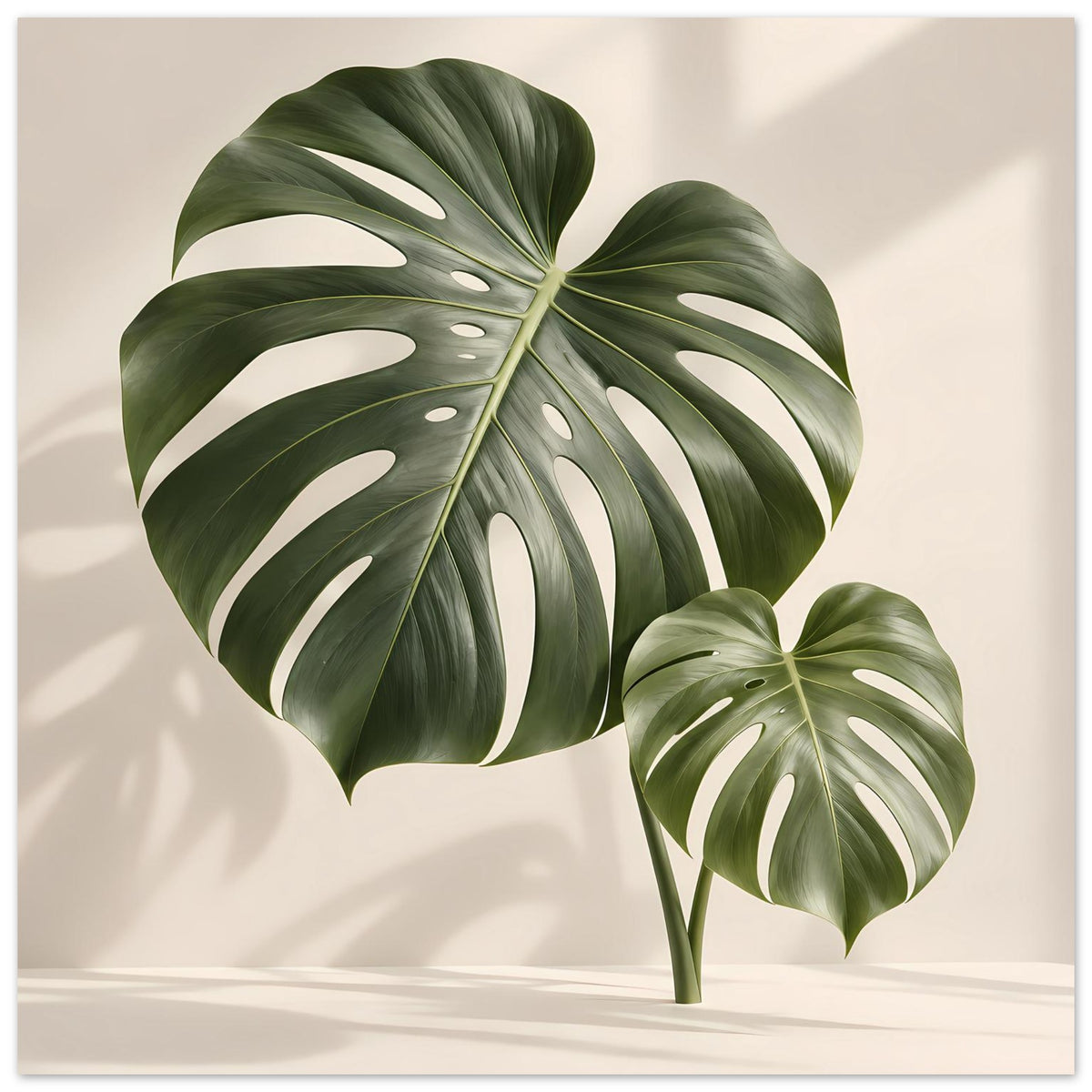 Poster mit zwei Monstera-Blättern, großes Blatt links und kleines Blatt rechts, dunkel- und hellgrün
