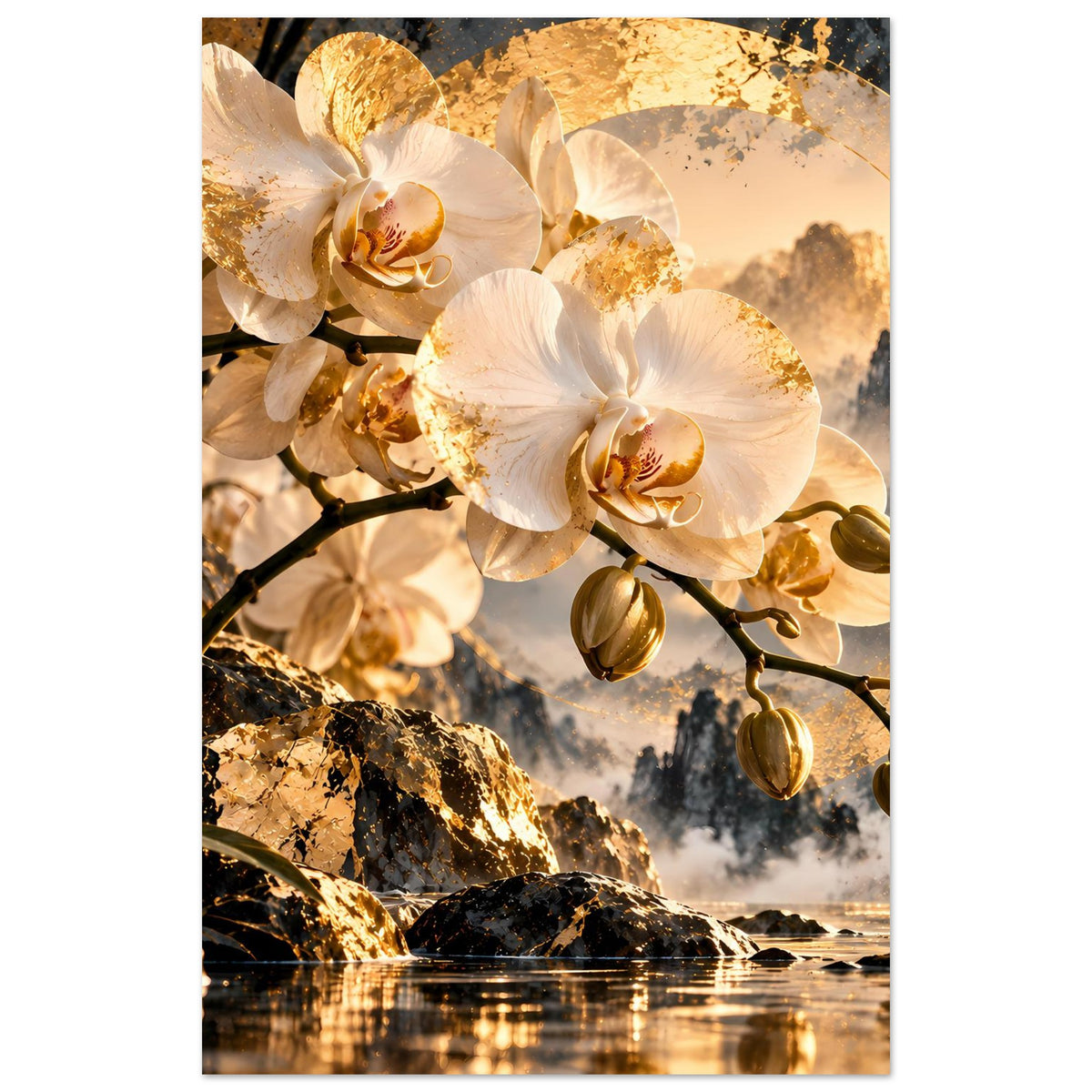 Orchideenposter mit weißen Orchideen und goldenen Blütenkapseln, Felslandschaft und Wasserreflex