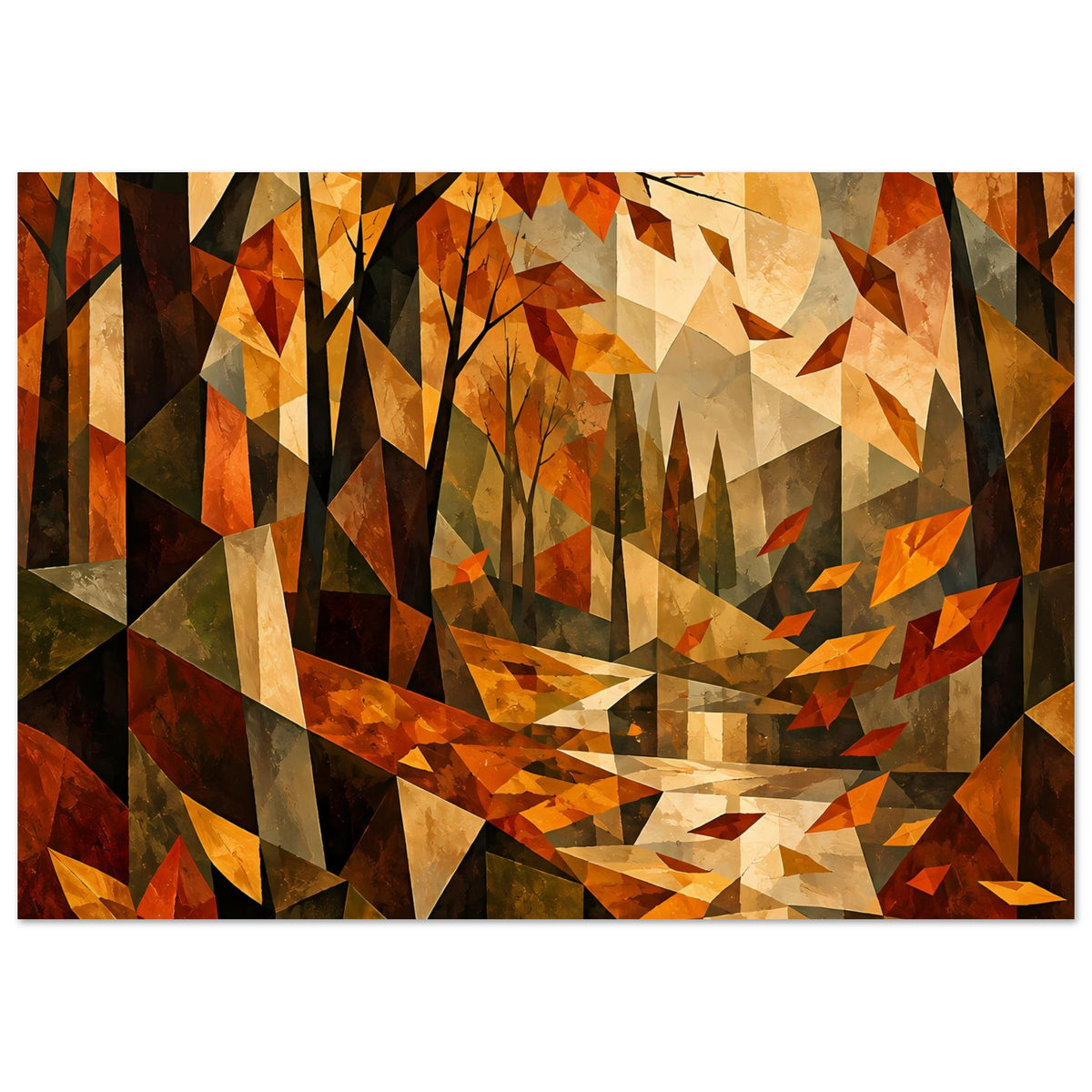 Kubistisches Herbstlandschafts-Poster (Querformat) mit Herbstblättern, dunklen Baumformen und warmen Farben