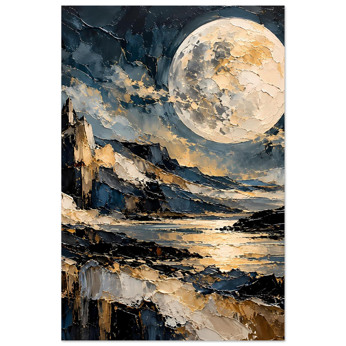 Vertikales Mondschein-Poster: goldener Vollmond über Berge und See, abstrakte Farbstruktur.
