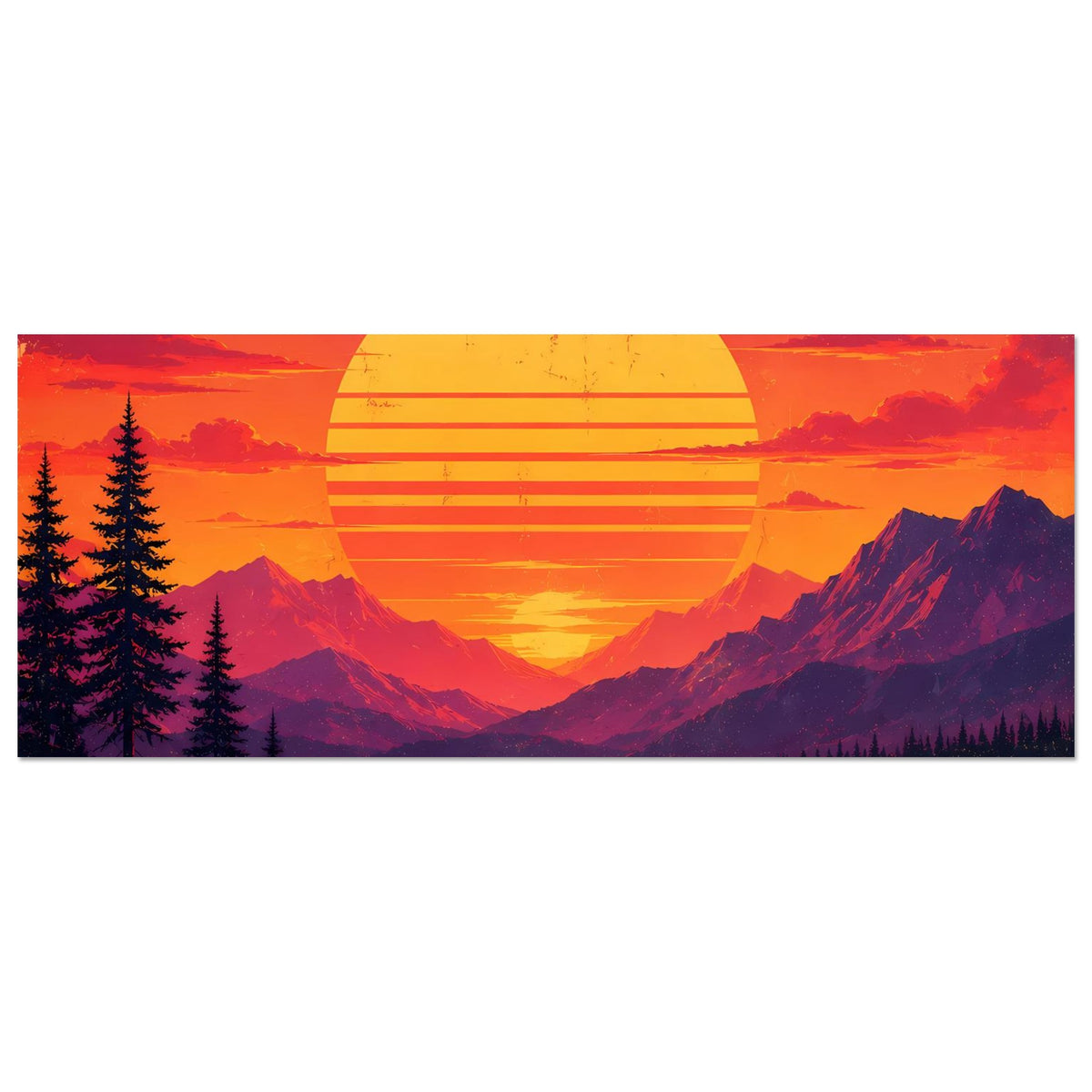 Poster Querformat mit Retro-Sonnenuntergang, Bergsee, Berge und Tannen in Orange/Violett