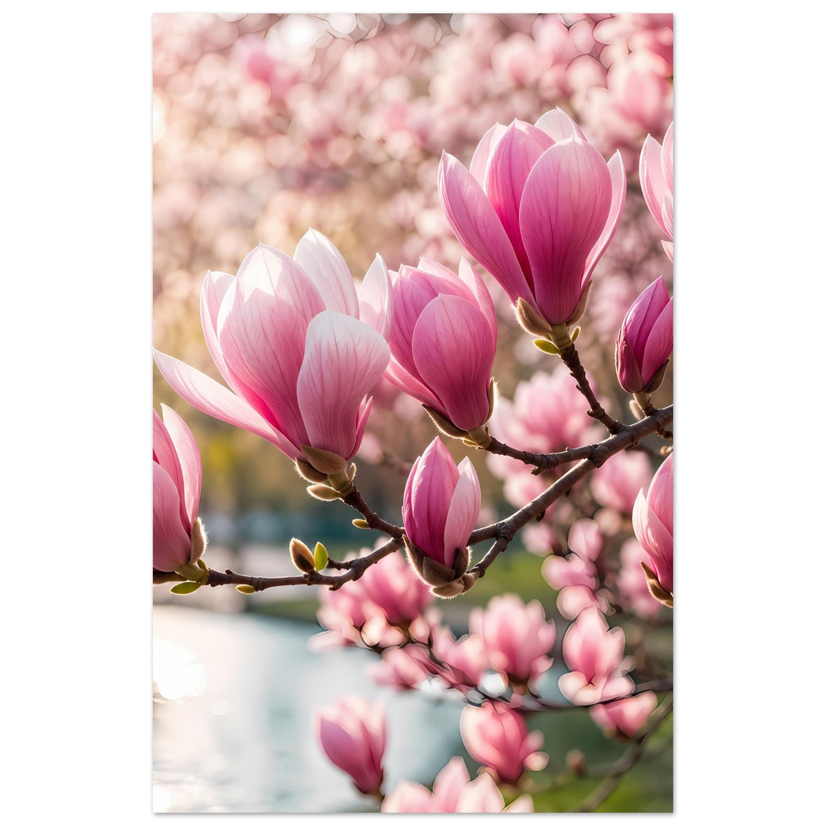 Blumenposter mit Magnolienblüten an Zweig, rosa-weiße Blüten, vertikal zugeschnitten