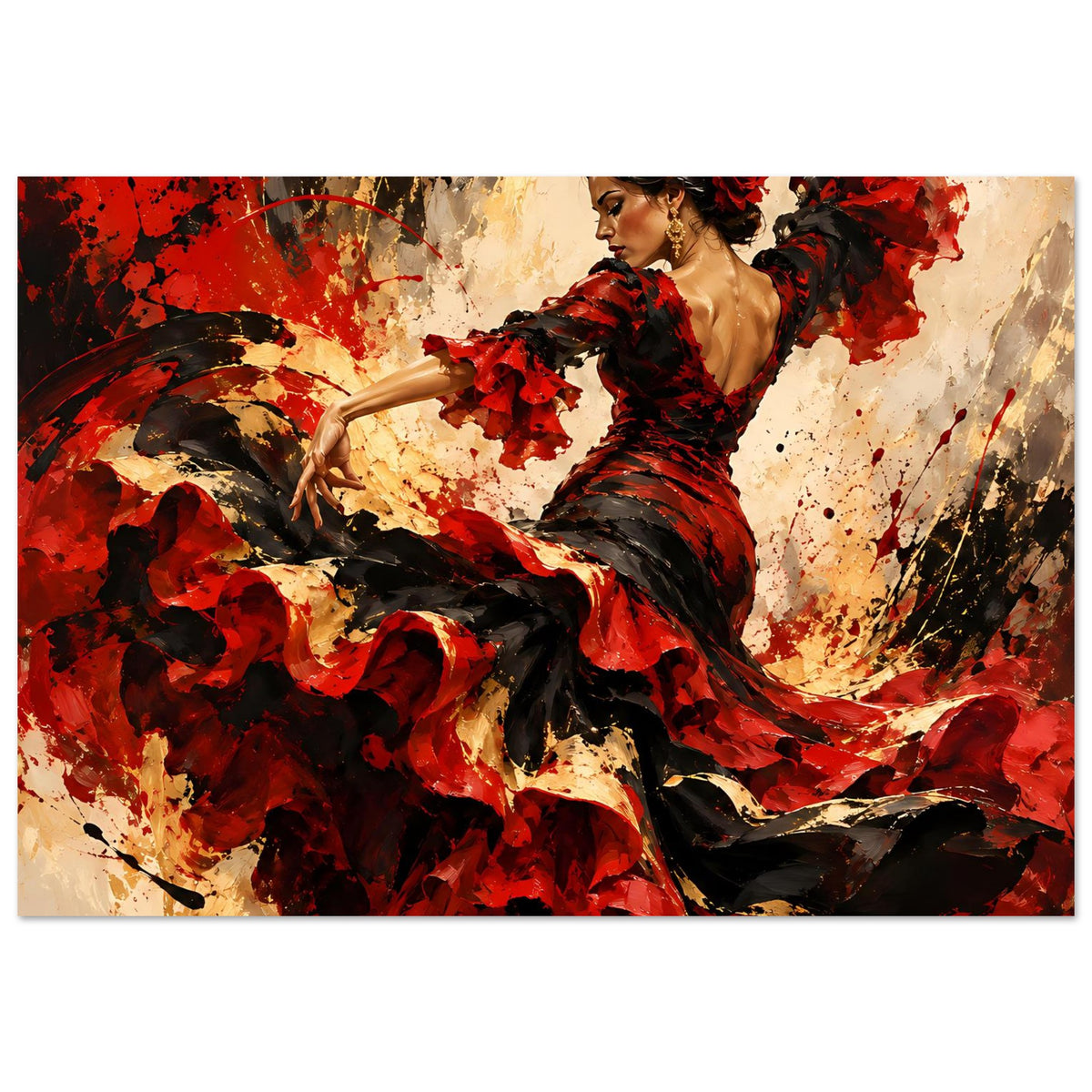 Poster einer Flamenco-Tänzerin im roten und schwarzen Kleid, seitliche Haltung, weite Rockschwünge