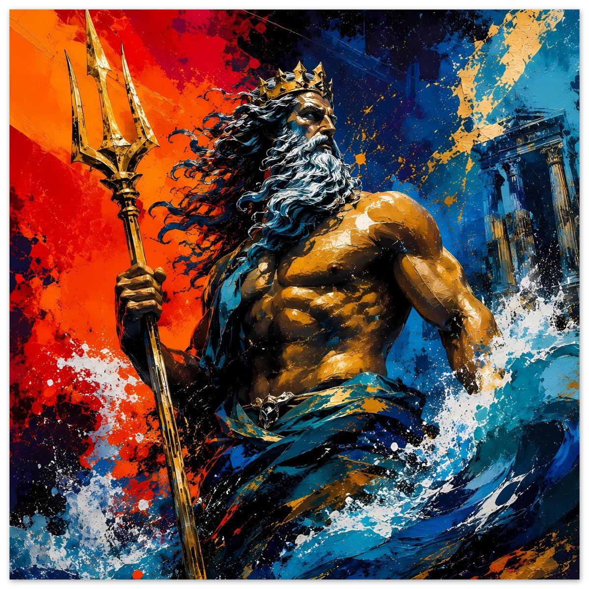 Kunstposter im Querformat: Neptun mit Krone und Dreizack, bärtig; kräftige Blau-Rot-Spritzer.