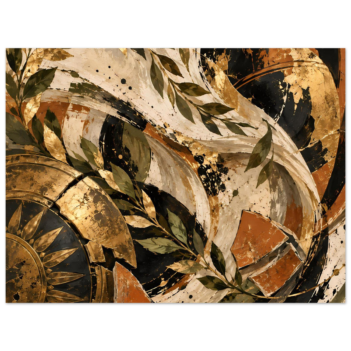 Vintage-Stil Poster (quer) mit abstraktem Blatt- und Kreisdesign in Gold-, Braun- und Schwarztönen