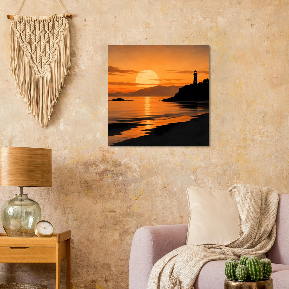 Küstenposter mit Sonnenuntergang am Meer, Leuchtturm und spiegelnden Reflexen