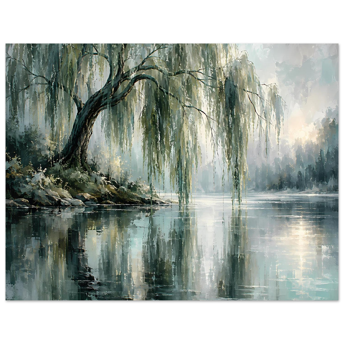 Poster mit Weidenhain und ruhigem See, kompakte Panoramaansicht in Grün-Blau