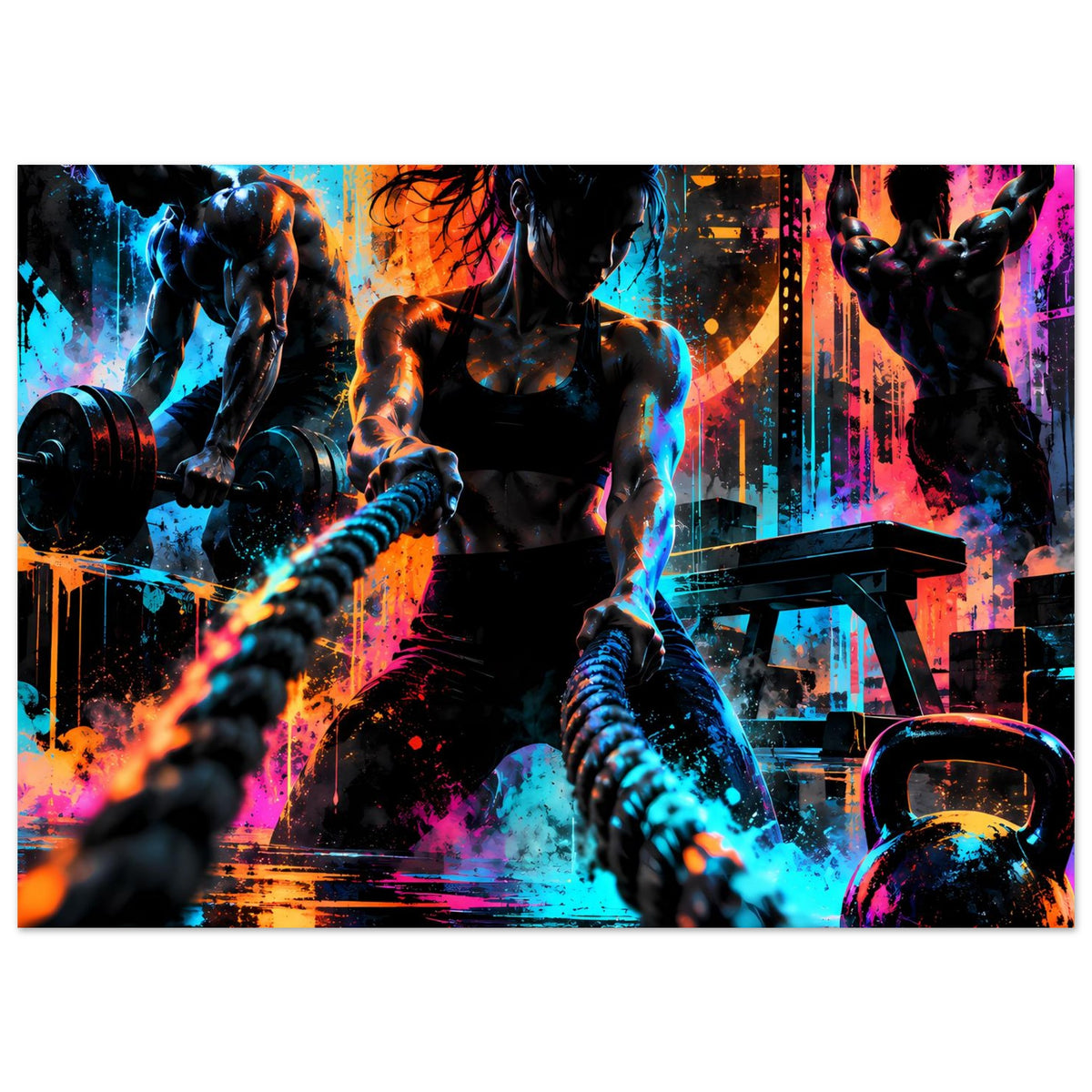 Neon-Fitnessposter im Querformat mit Sportlern, Kettlebell und leuchtenden Farben auf dunklem Hintergrund.
